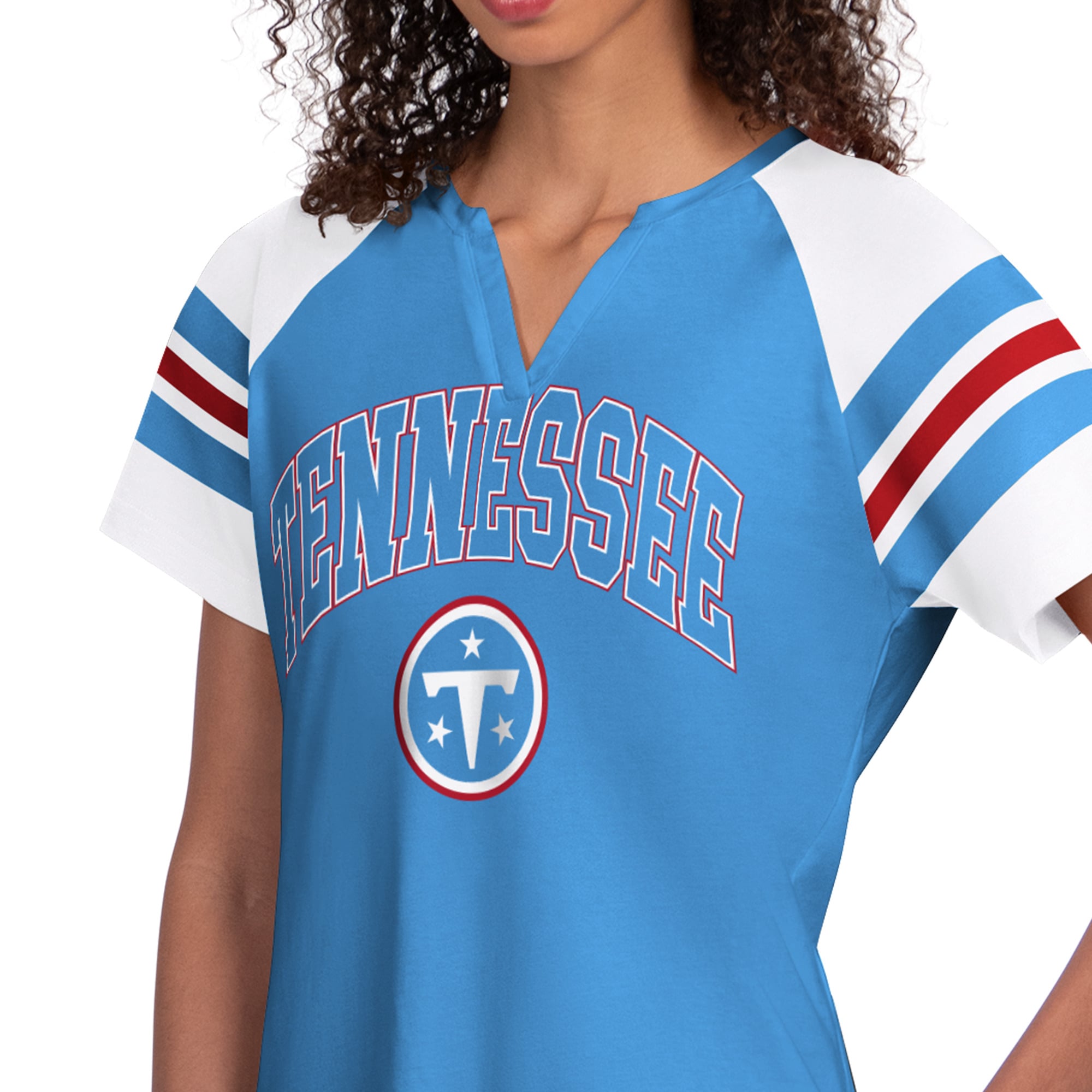 T-shirt raglan à col cranté Starter bleu clair pour femme, Tennessee Titans Game On
