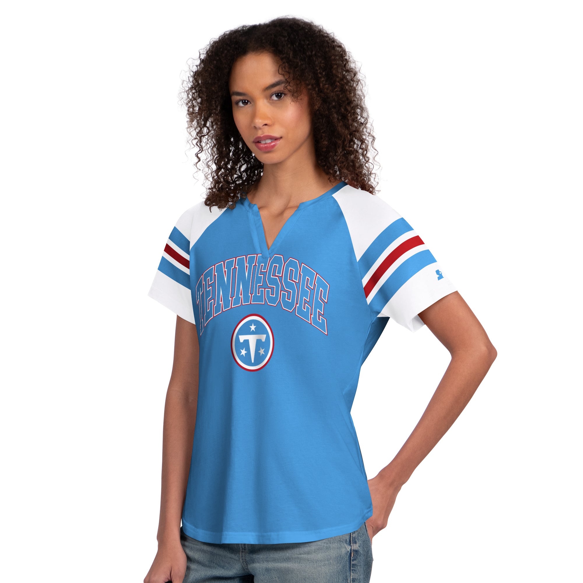 T-shirt raglan à col cranté Starter bleu clair pour femme, Tennessee Titans Game On