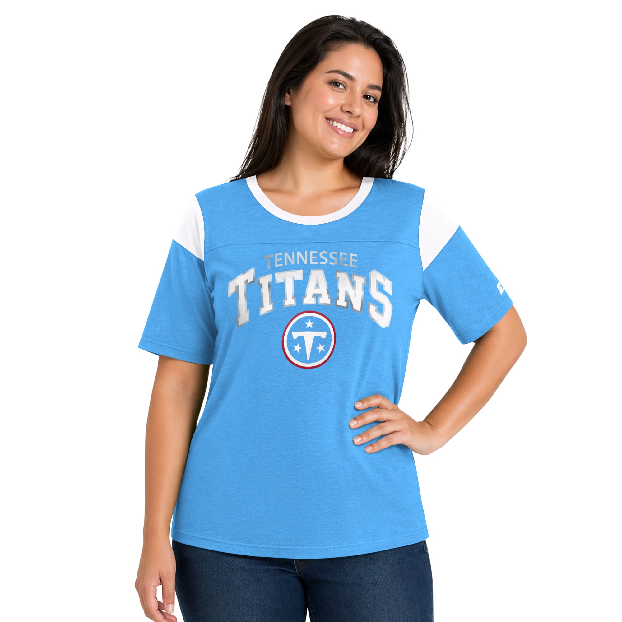 T-shirt Starter bleu clair pour femme, Tennessee Titans, grande taille, style linebacker, en jersey chiné.
