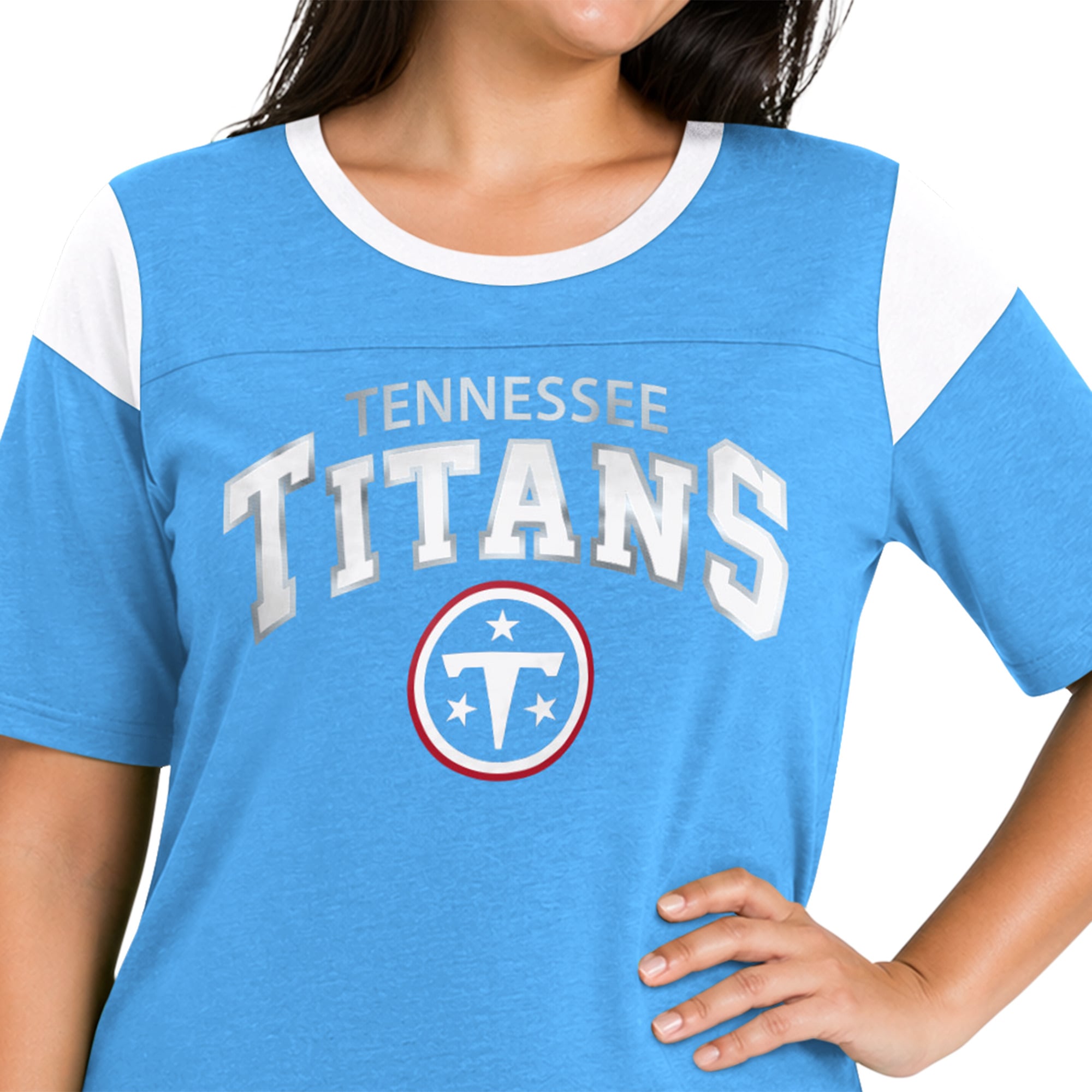 T-shirt Starter bleu clair pour femme, Tennessee Titans, grande taille, style linebacker, en jersey chiné.