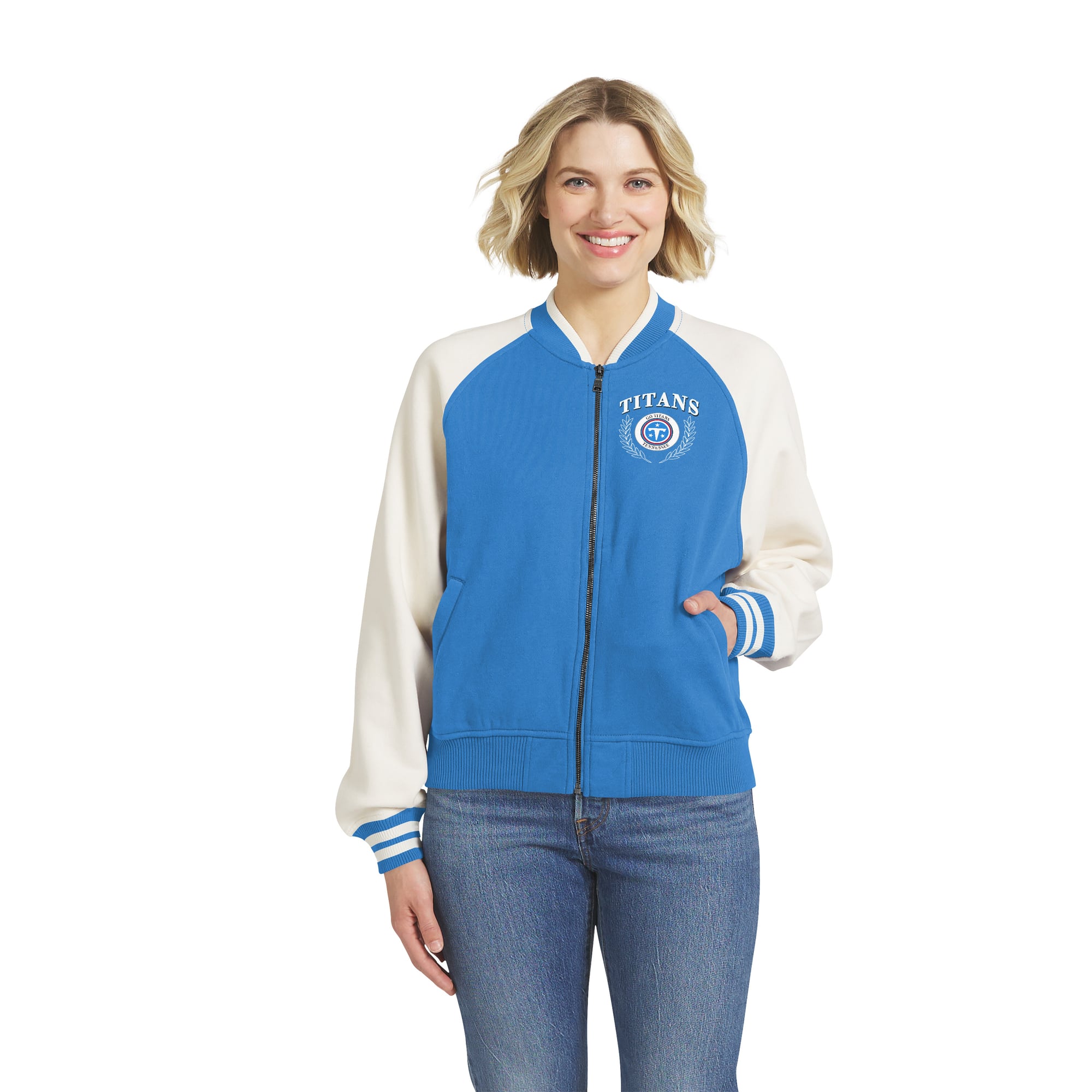 Women's WEAR by Erin Andrews Light Blue Tennessee Titans  Varsity Fleece Raglan Full-Zip Jacket