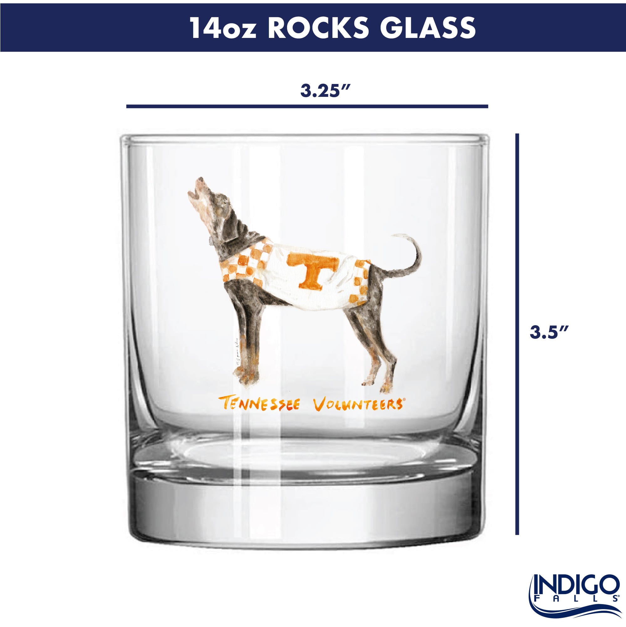 Ensemble de 2 verres à whisky Laura Wilcox, mascotte des Volunteers d'Indigo Falls, Tennessee