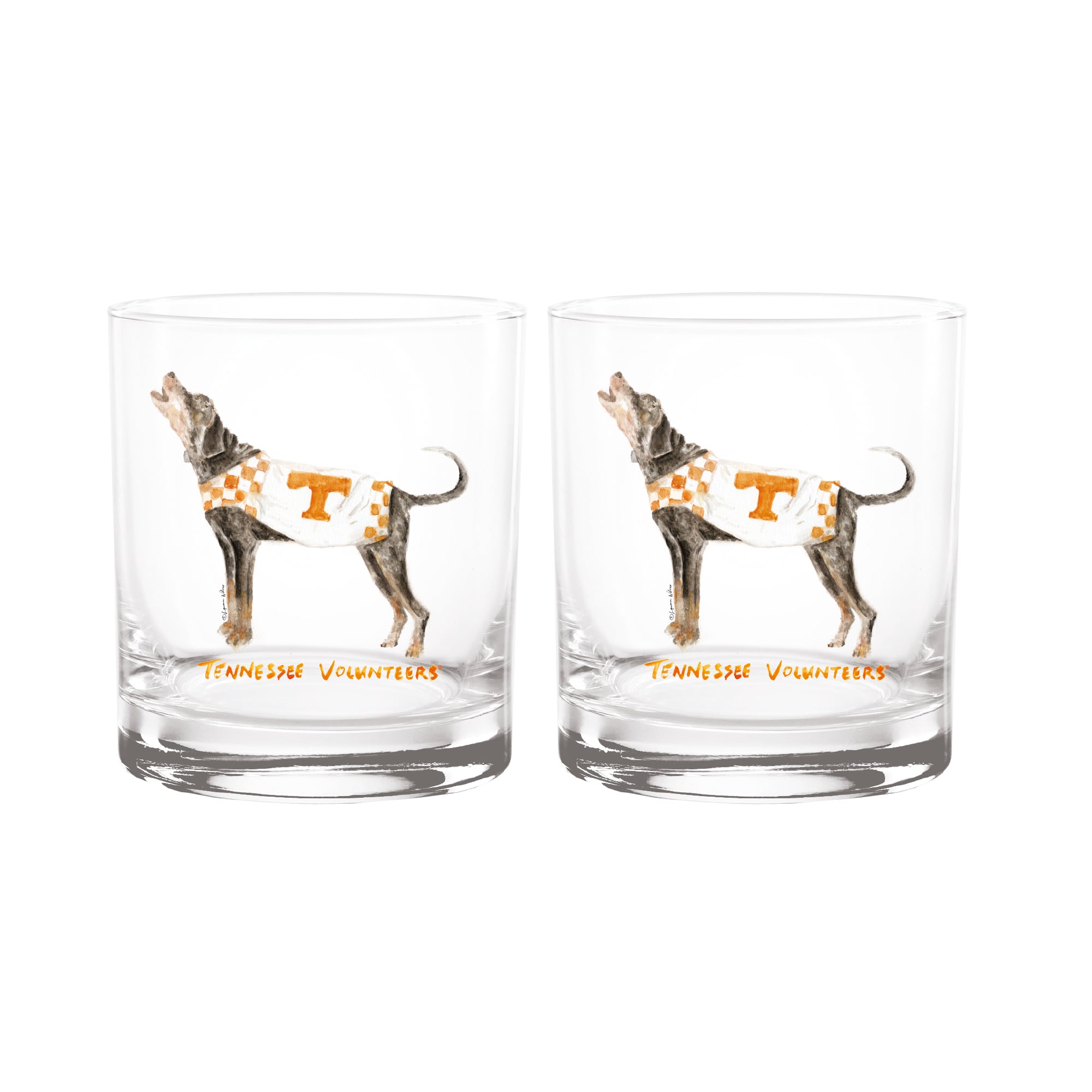 Ensemble de 2 verres à whisky Laura Wilcox, mascotte des Volunteers d'Indigo Falls, Tennessee