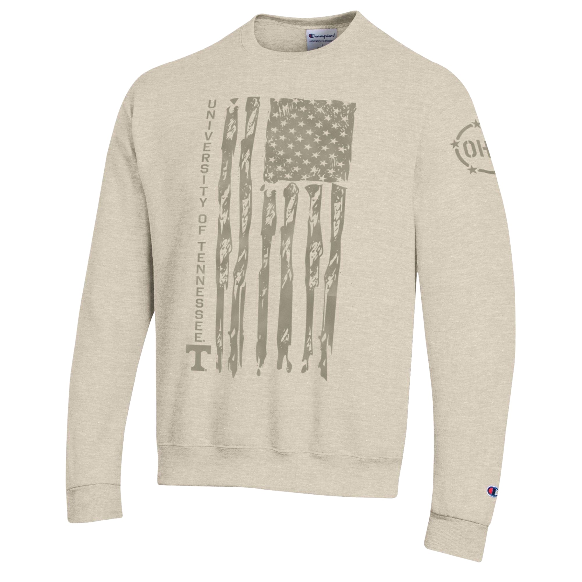 Men's Champion Oatmeal Tennessee Volunteers Operation Hat Trick Flag Fleece Crewneck Sweatshirt