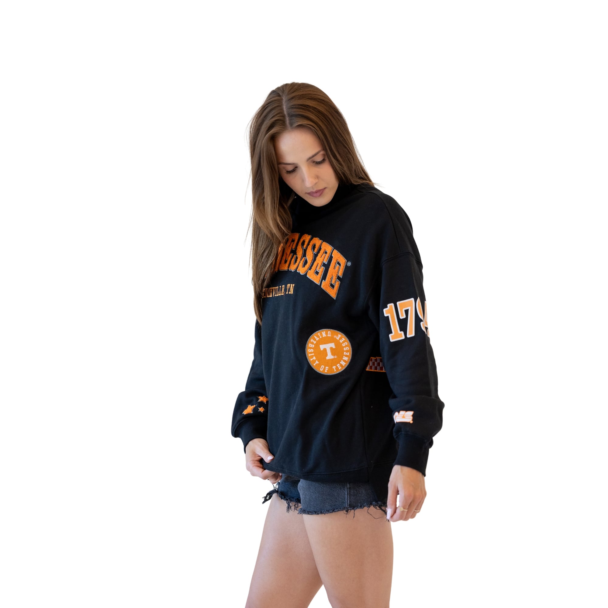 Sweat-shirt à col montant noir écusson des Tennessee Volunteers pour femmes, idéal les jours de match