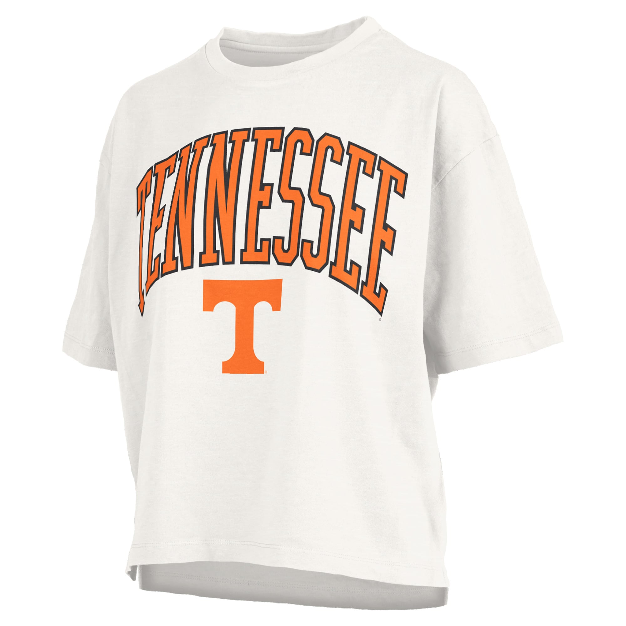 T-shirt oversize blanc Pressbox Tennessee Volunteers pour femmes, logo Nelson Arch Over, en flammèche