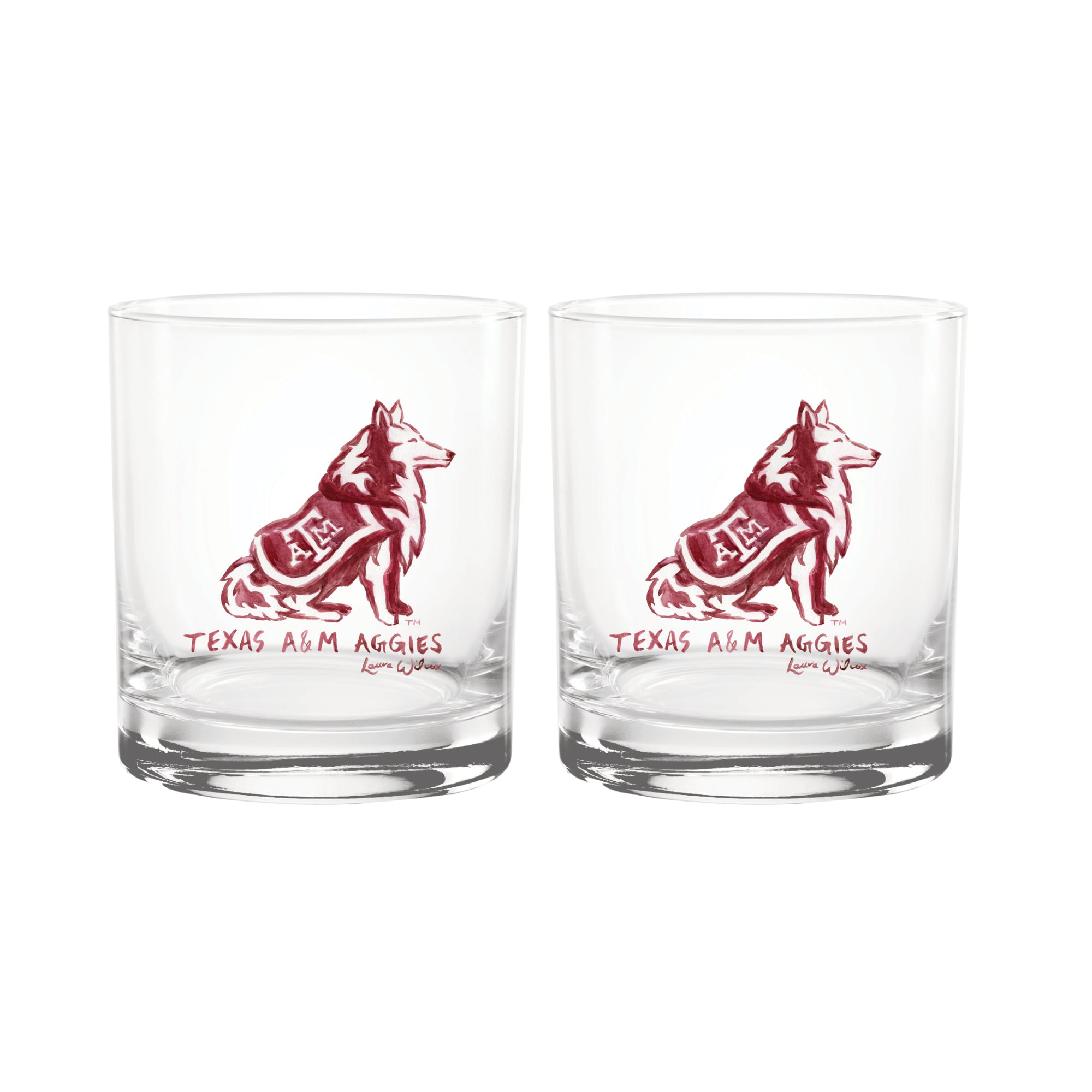 Ensemble de 2 verres à whisky à l'effigie de Laura Wilcox, mascotte des Texas A&M Aggies, à Indigo Falls