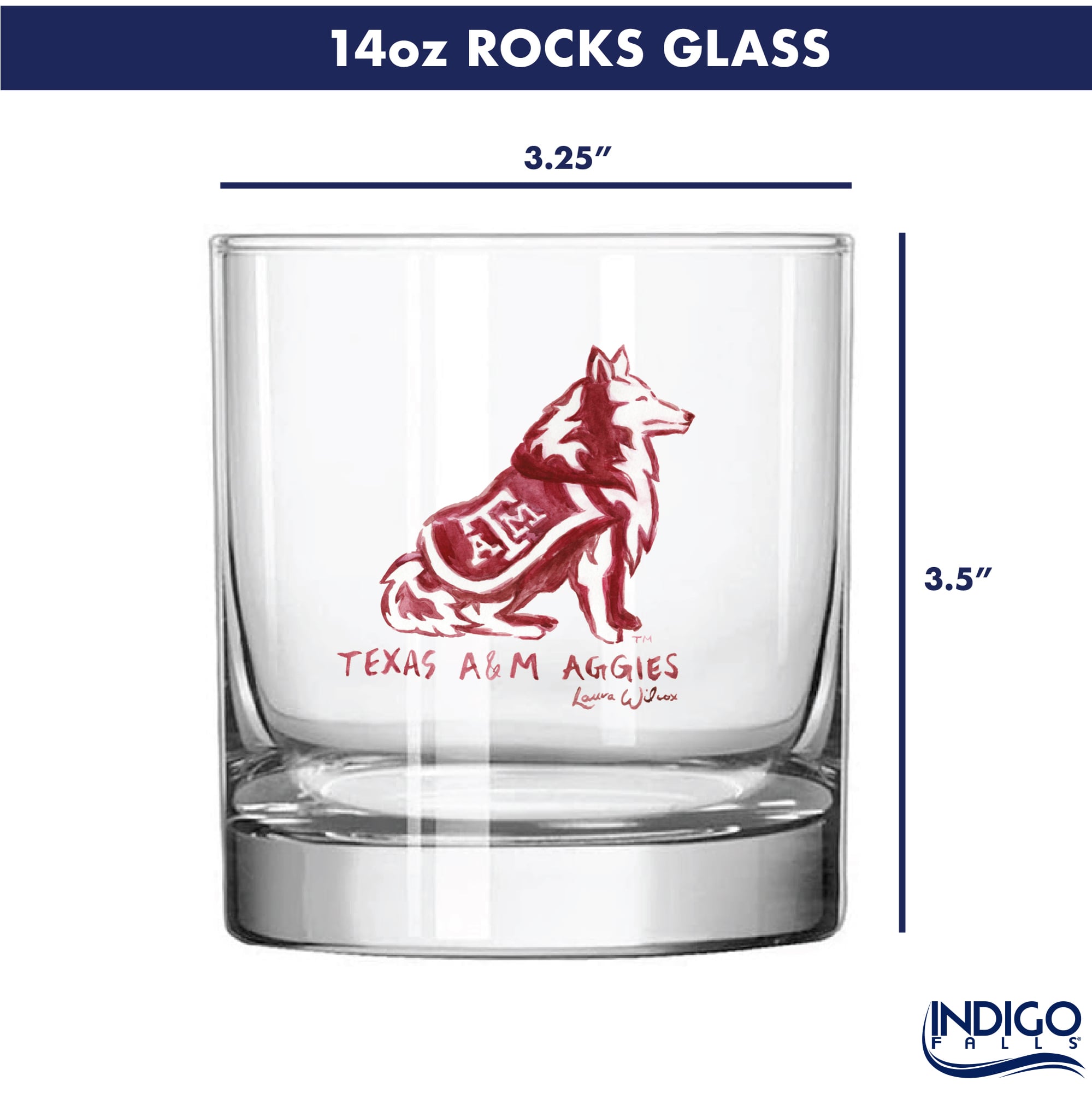 Ensemble de 2 verres à whisky à l'effigie de Laura Wilcox, mascotte des Texas A&M Aggies, à Indigo Falls
