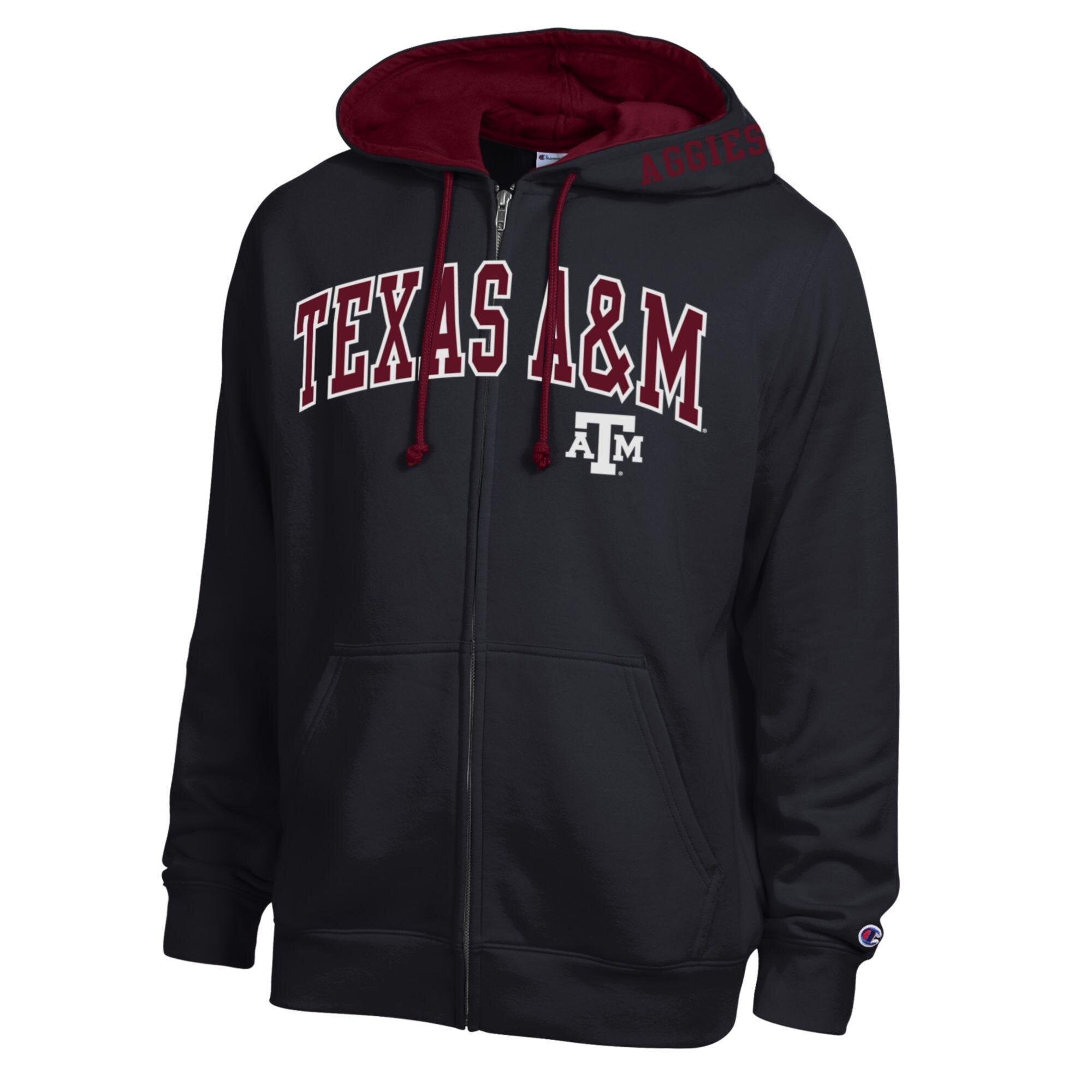 Sweat à capuche zippé en polaire Champion noir pour homme, avec logo arche des Texas A&M Aggies.