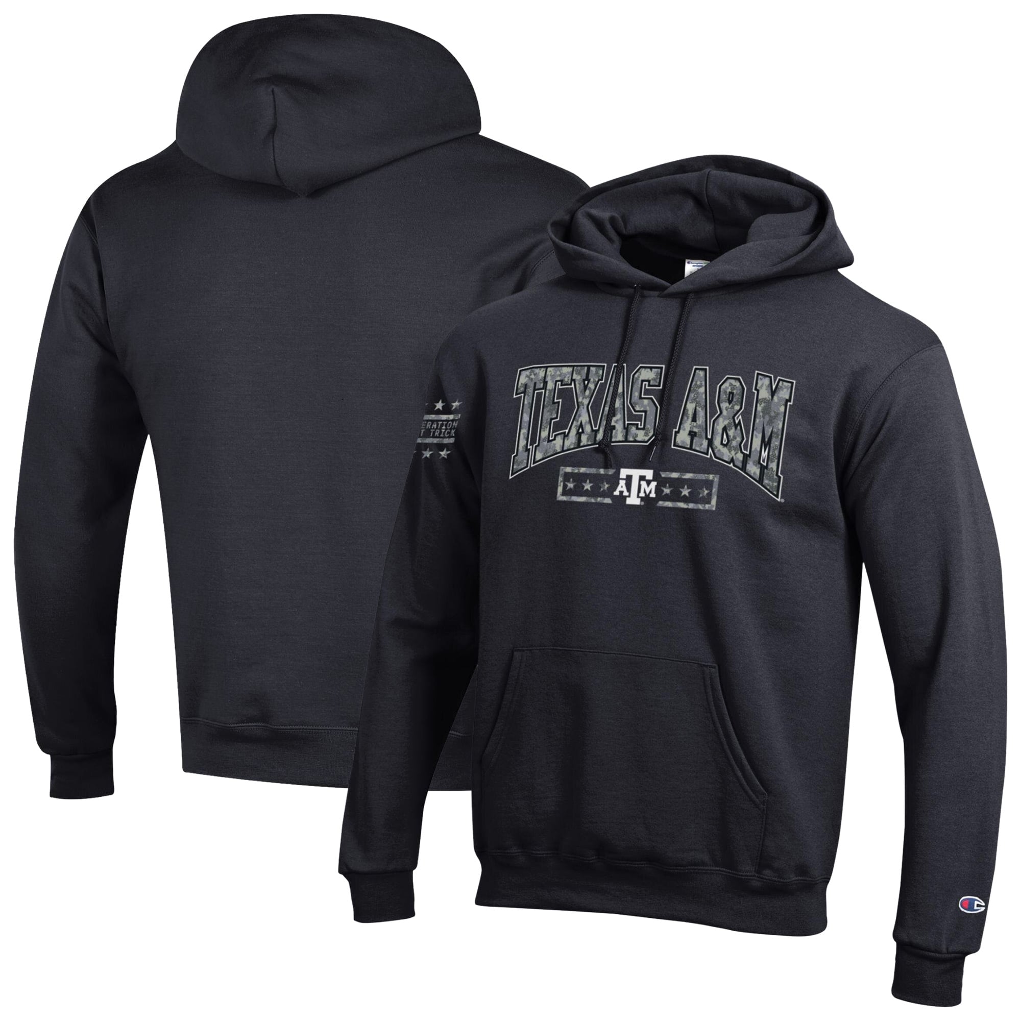 Sweat à capuche Champion noir pour homme Texas A&M Aggies Operation Hat Trick Camo Script Powerblend Fleece
