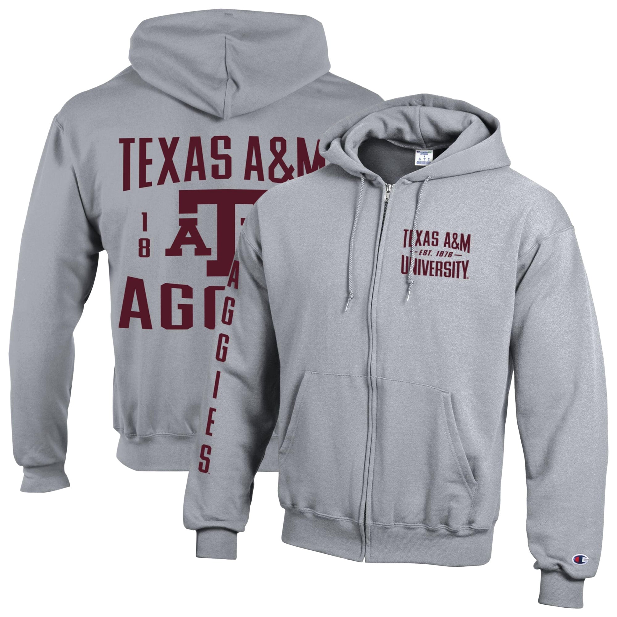 Men's Champion Heather Gray Texas A&M Aggies Varsity Powerblend Full-Zip Fleece Hoodie