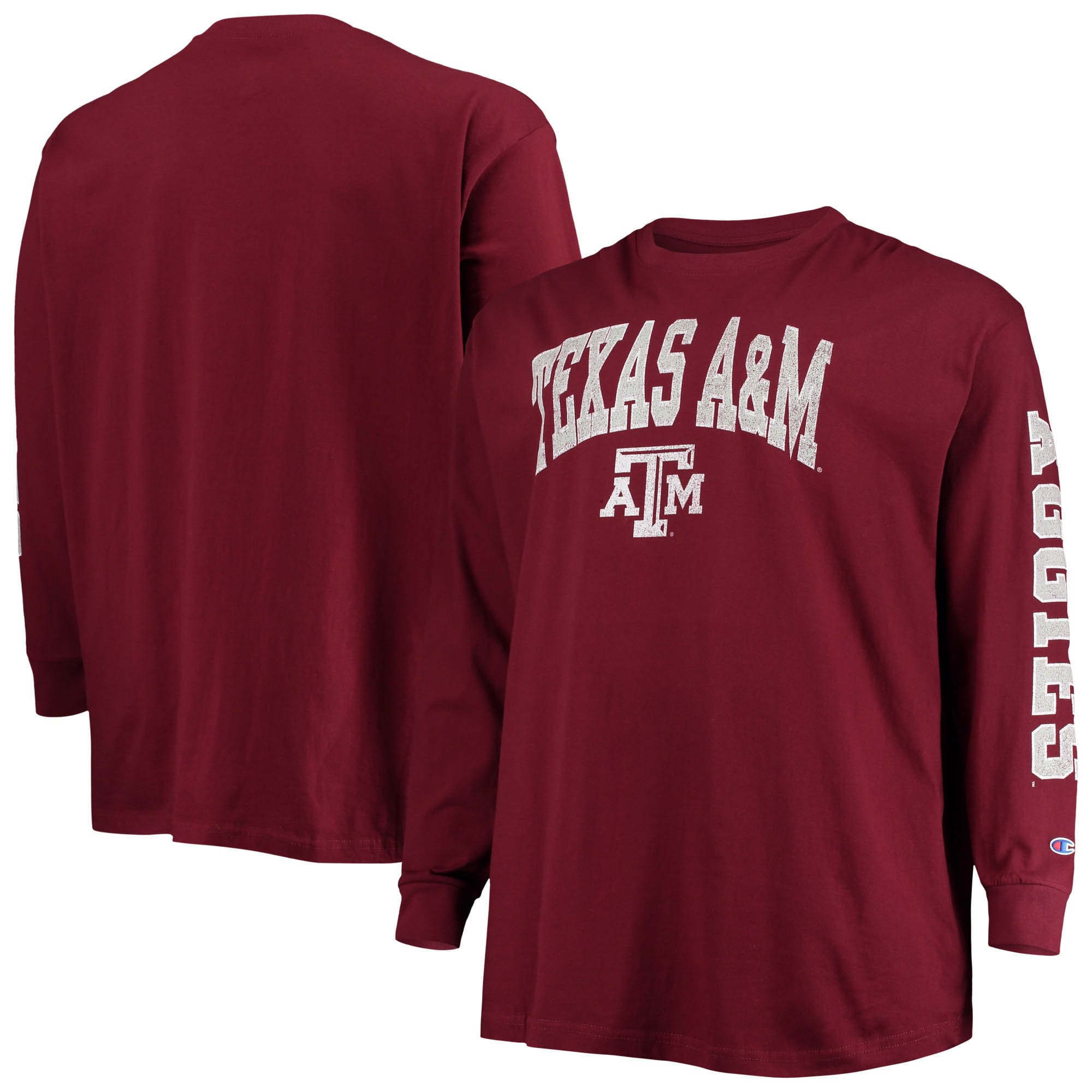 T-shirt à manches longues Champion pour homme, bordeaux, Texas A&M Aggies, grandes tailles, logo en arc sur le visage