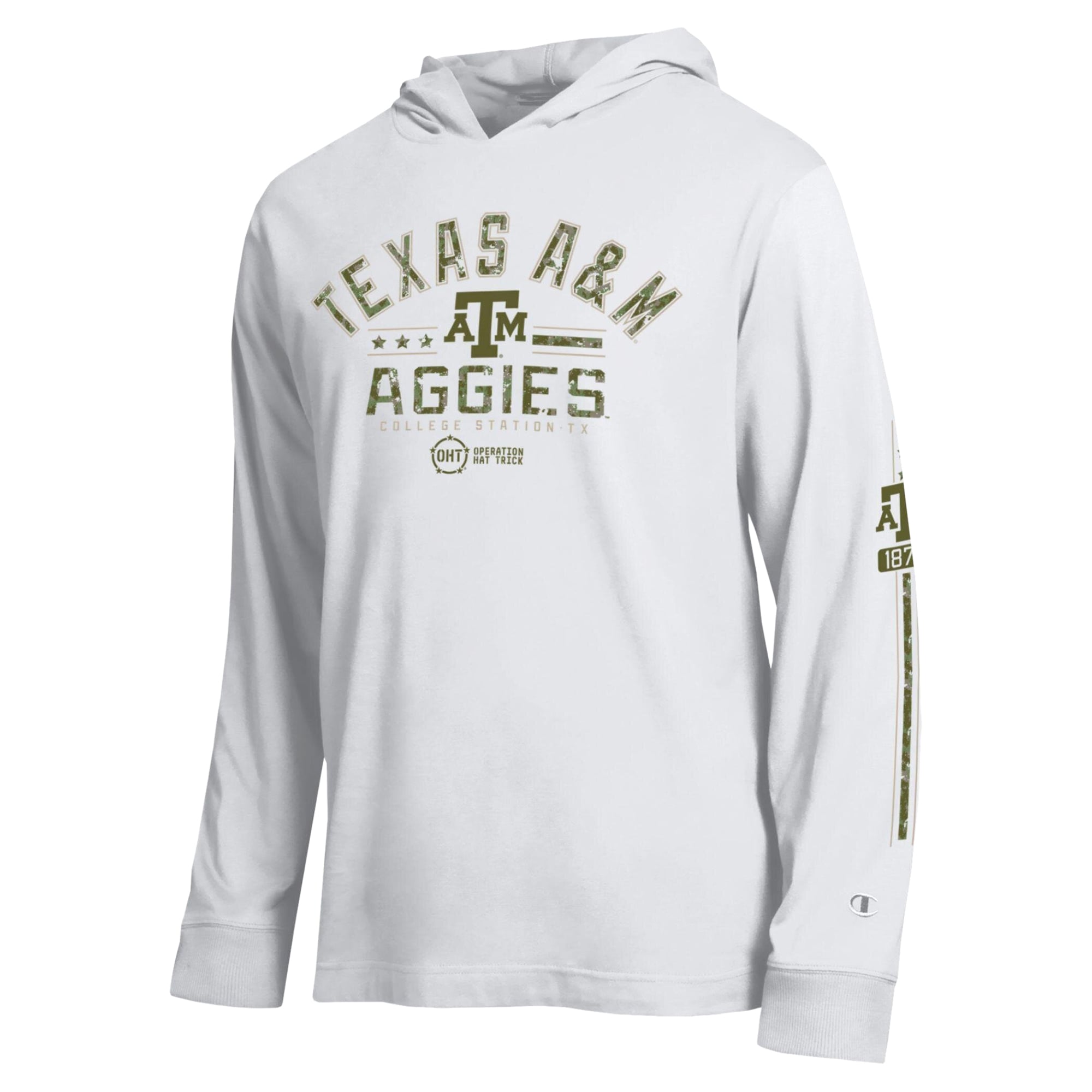 Men's Champion White Texas A&M Aggies Operation Hat Trick Sleeve Line Hooded Long T-Shirt
