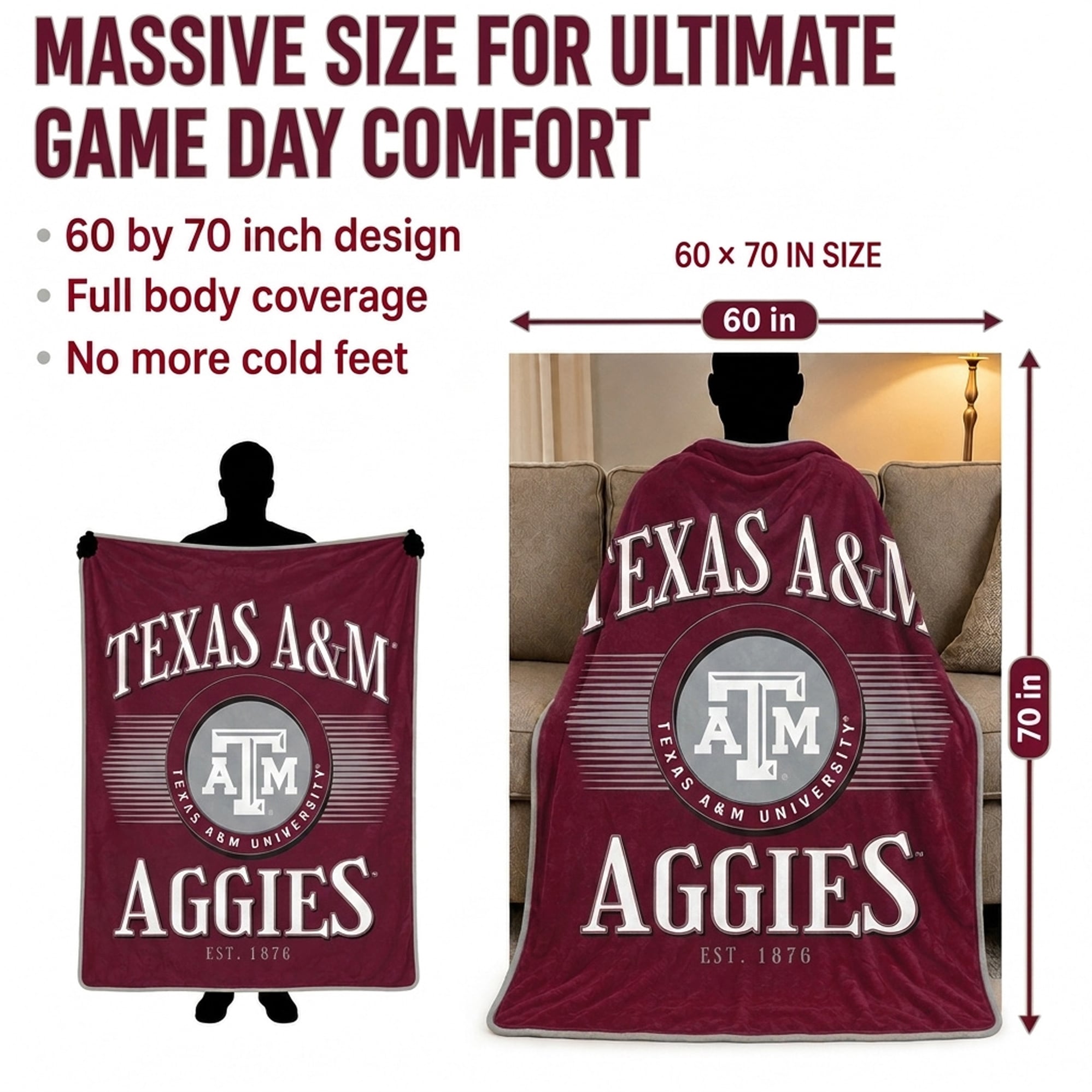 Couverture ultra douce Pegasus Texas A&M Aggies Spotlight Arch 60" x 70"
