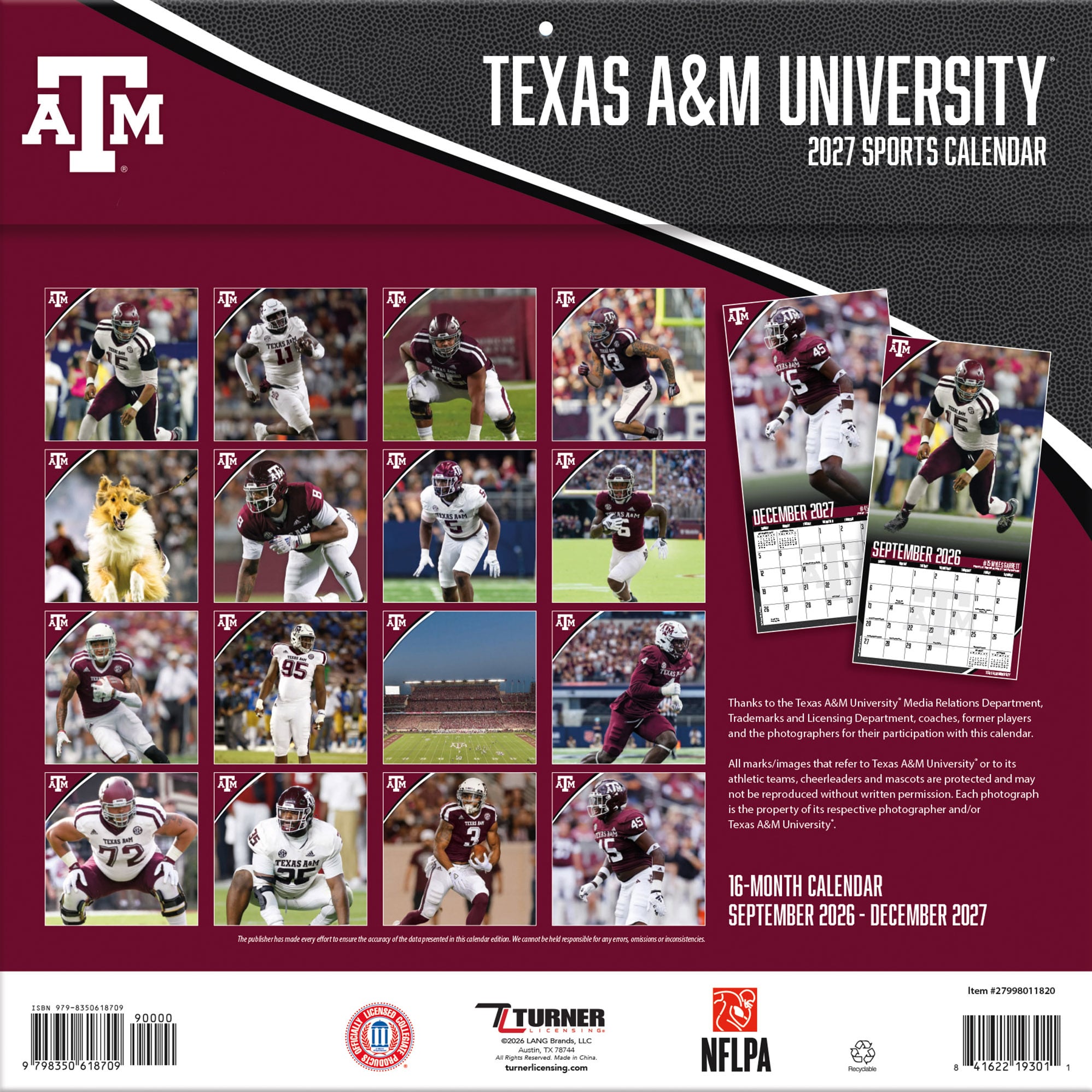 Texas A&M Aggies 2027 12” x 12” Team Wall Calendar