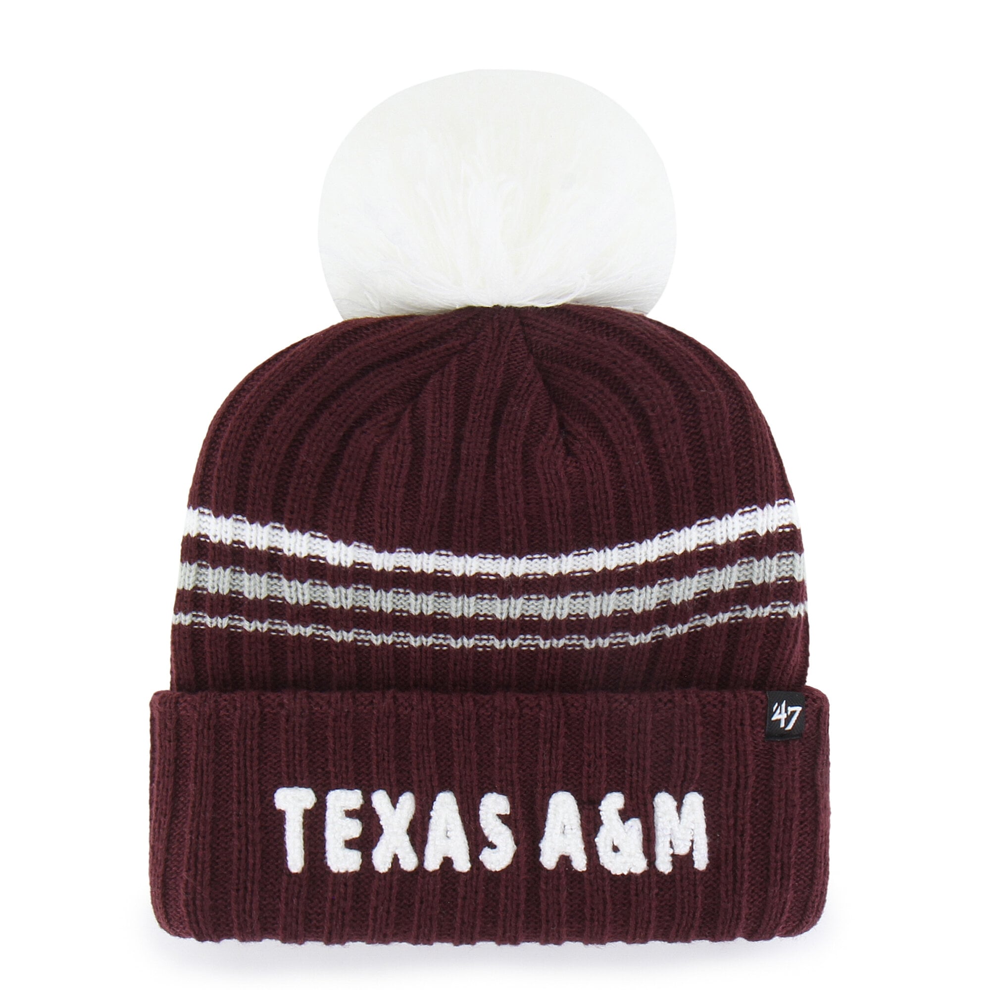 Bonnet à pompon en maille duveteuse avec inscription et inscription, couleur bordeaux « 47 » des Texas A&M Aggies, pour femme
