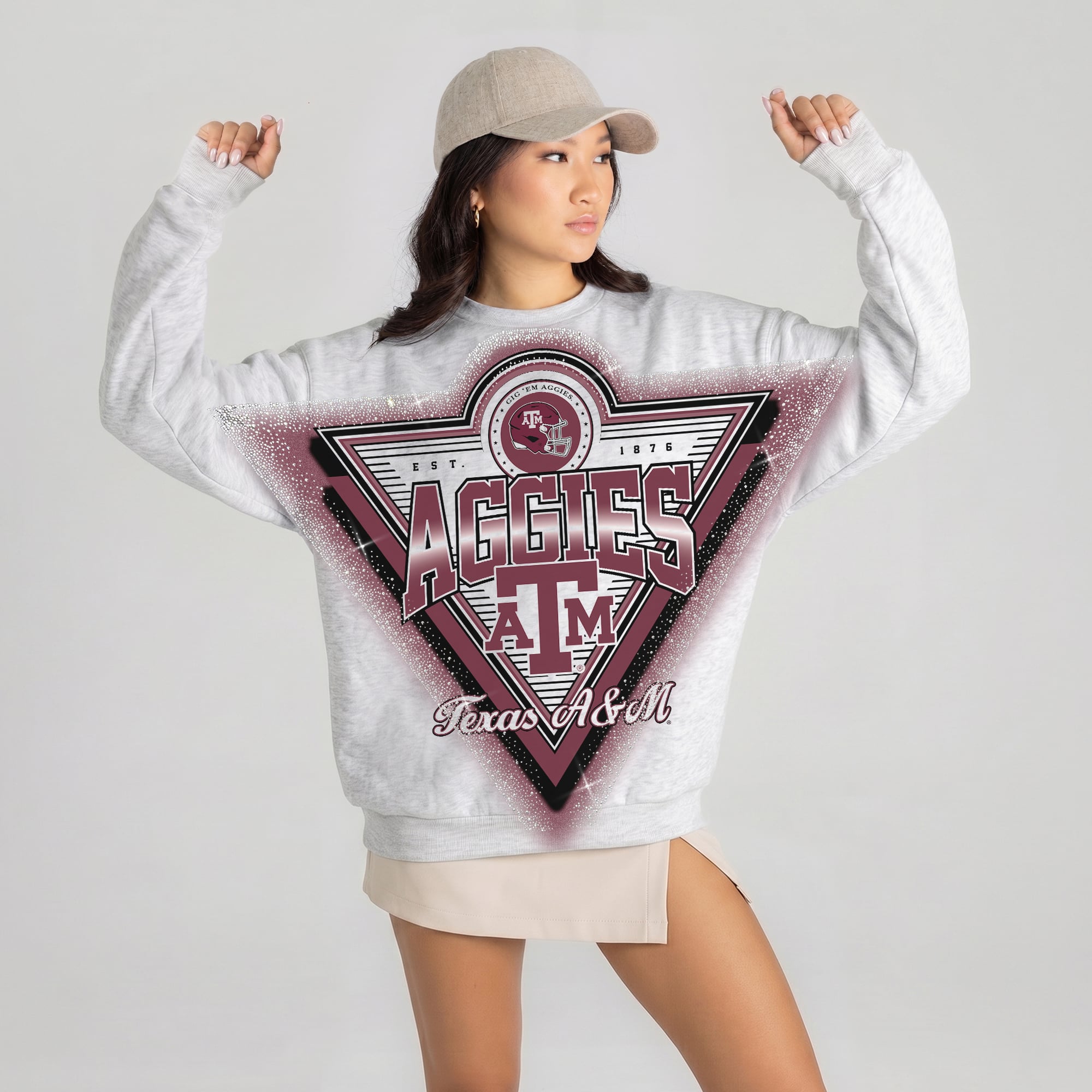 Women's Gameday Couture Gray Texas A&M Aggies Chasing Victory Rhinestone Spray Oversized Fleece Sweatshirt