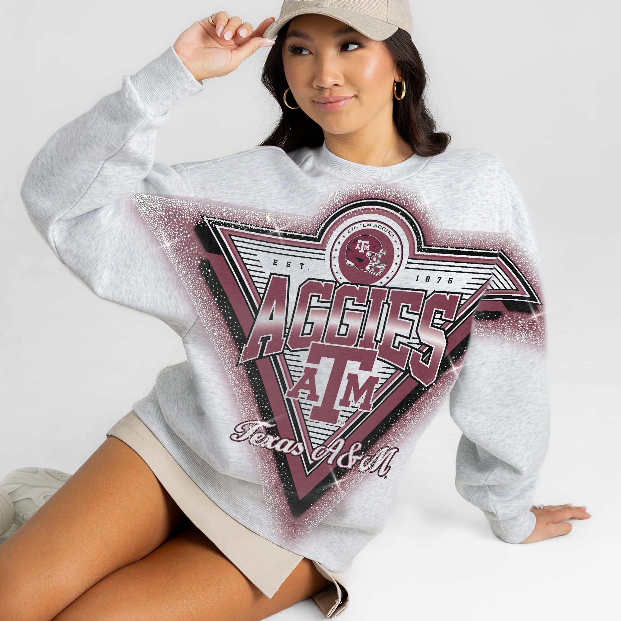 Women's Gameday Couture Gray Texas A&M Aggies Chasing Victory Rhinestone Spray Oversized Fleece Sweatshirt