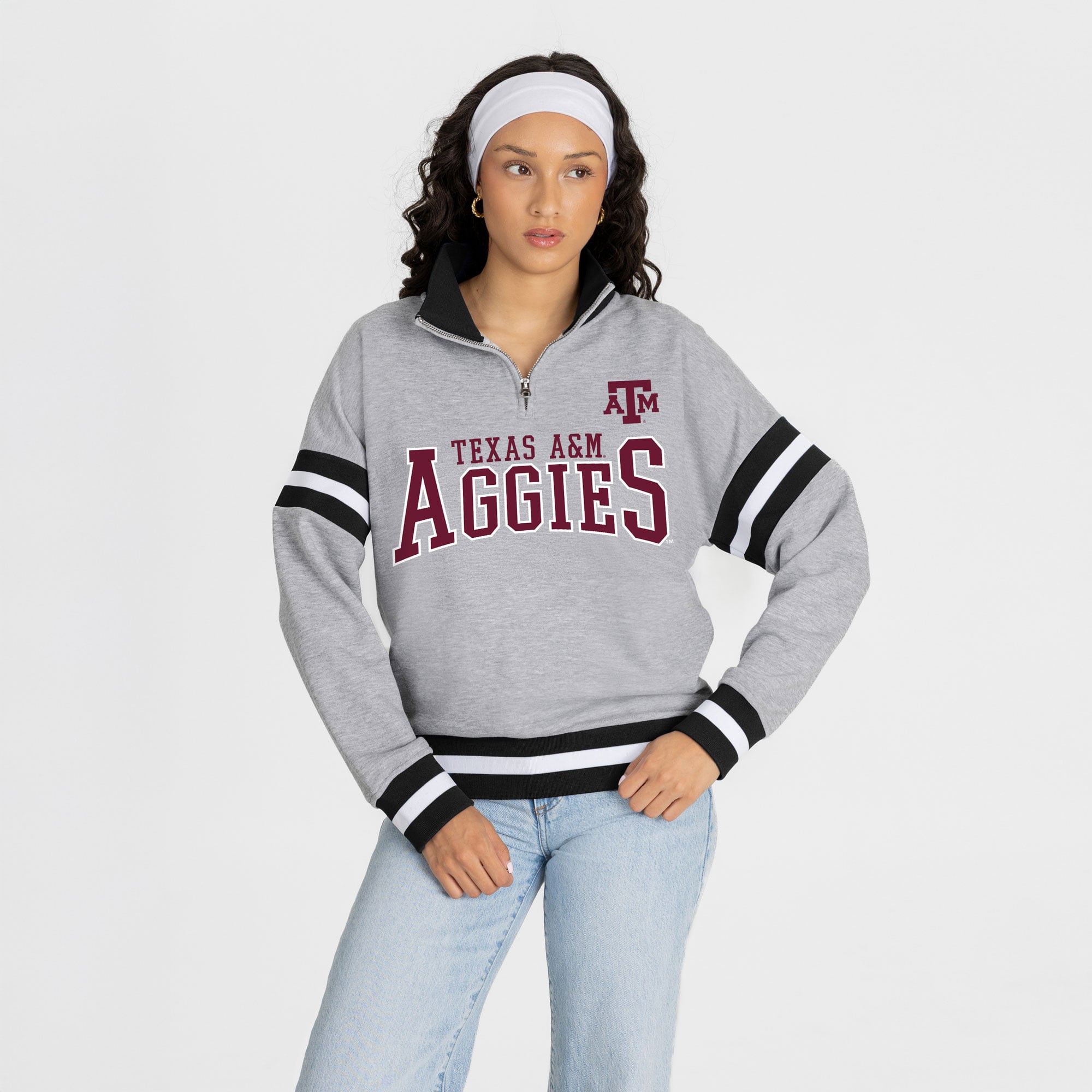 Pull à col zippé gris Texas A&M Aggies Hold the Line pour femme, collection Gameday Couture