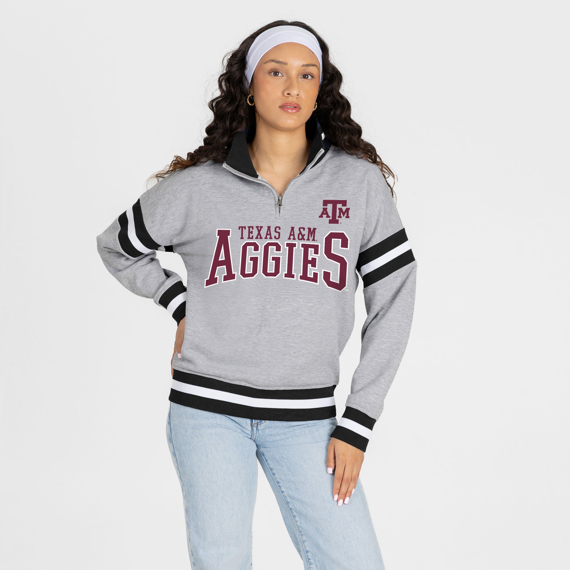 Pull à col zippé gris Texas A&M Aggies Hold the Line pour femme, collection Gameday Couture