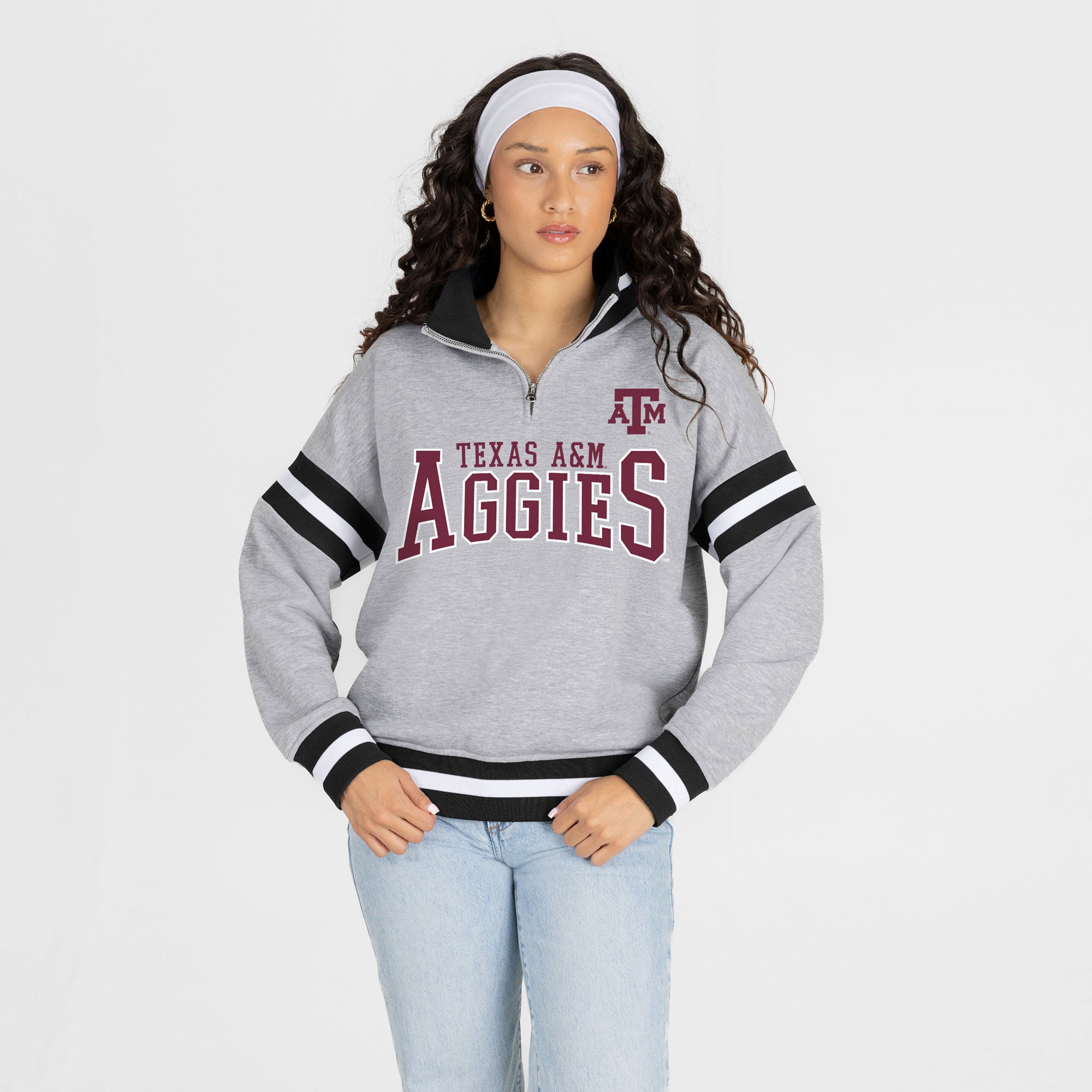 Pull à col zippé gris Texas A&M Aggies Hold the Line pour femme, collection Gameday Couture