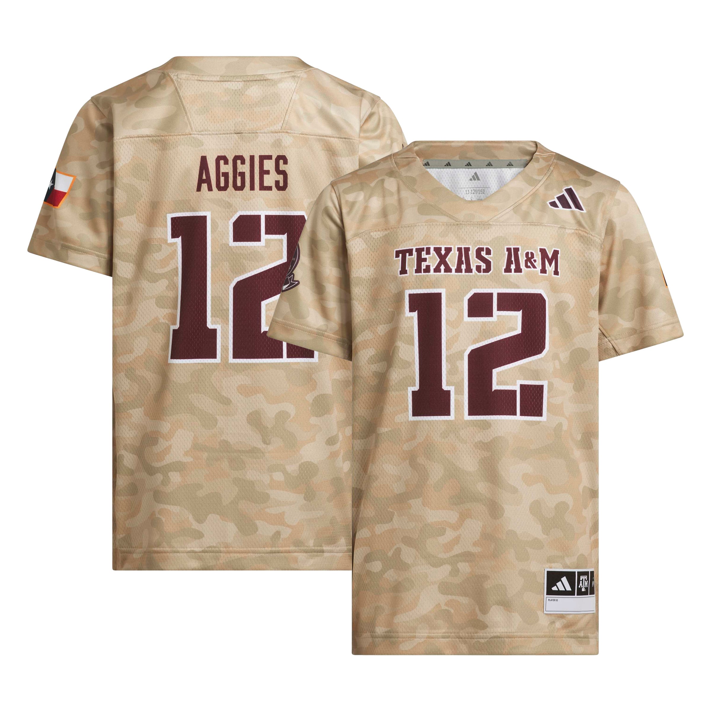 Youth adidas #12 Beige Texas A&M Aggies Honor & Support Strategy Football Jersey