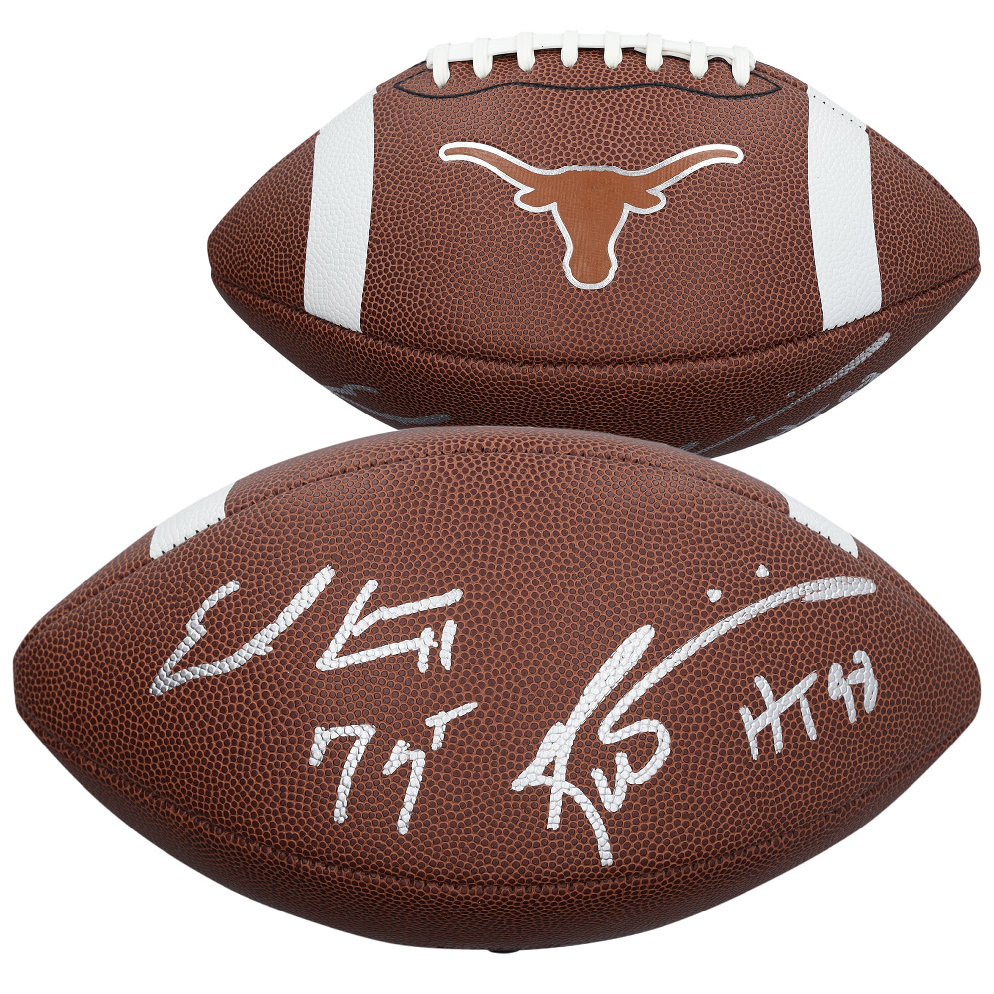 Ballon de football réplique Nike autographié par Earl Campbell et Ricky Williams des Texas Longhorns, avec de multiples inscriptions.