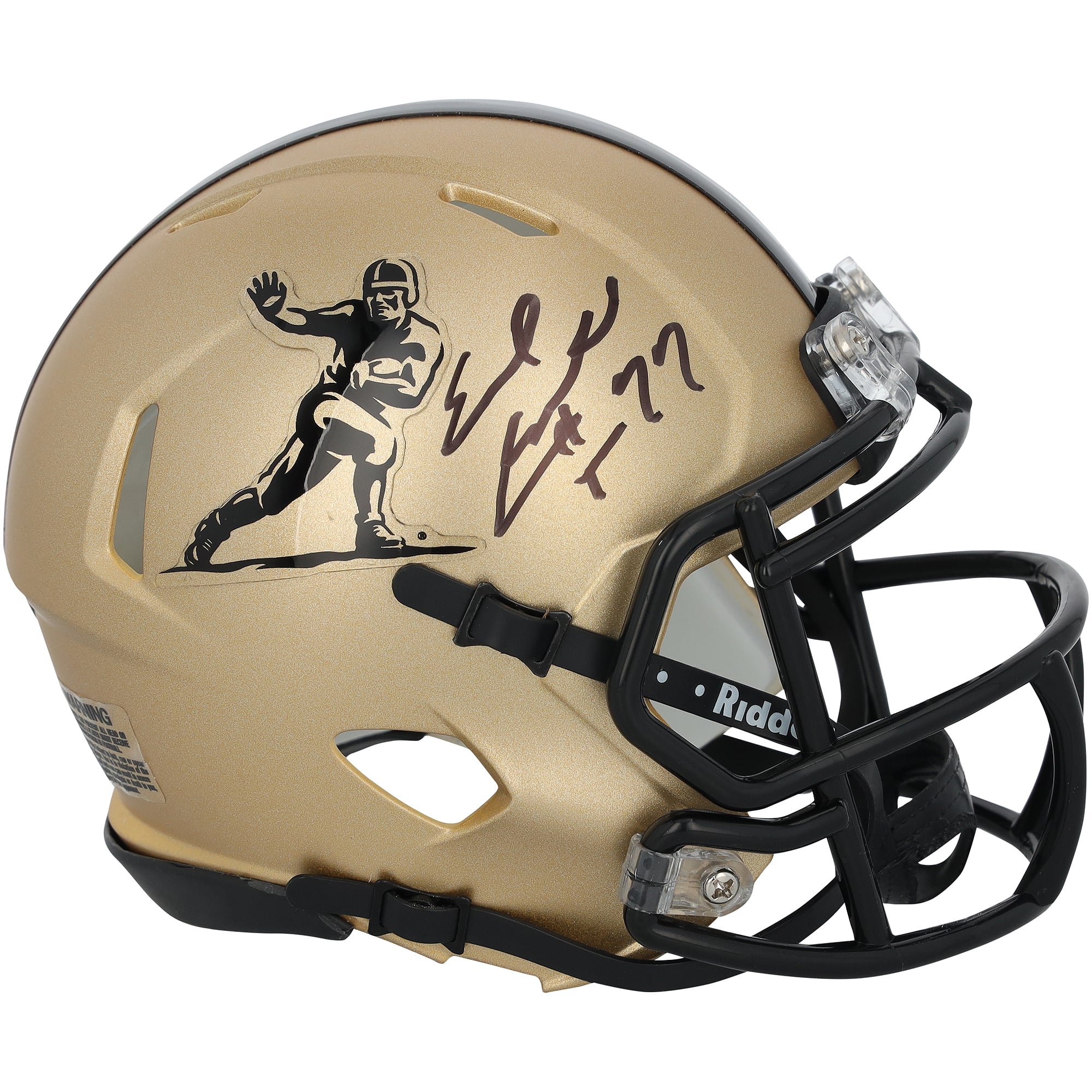 Casque miniature Riddell Heisman Gold Speed ​​autographié par Earl Campbell, joueur des Texas Longhorns, avec inscription « HT 77 ».
