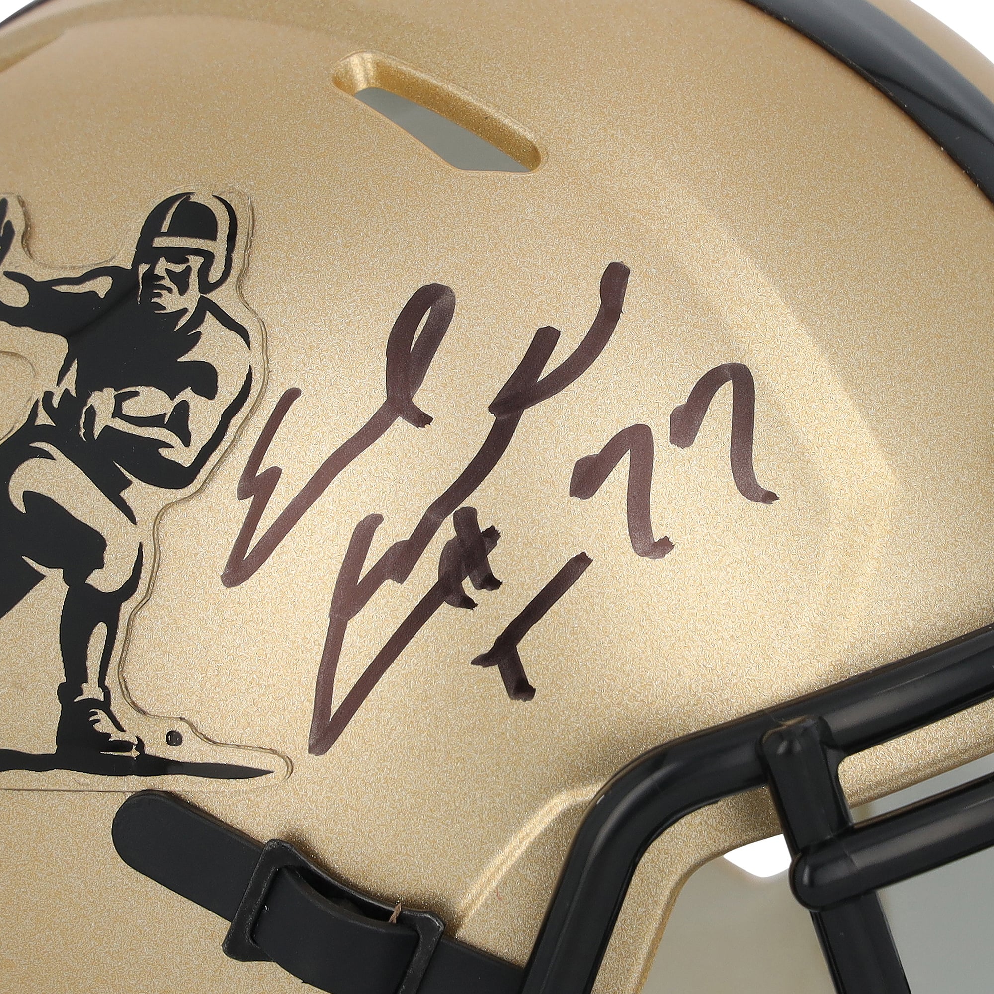 Casque miniature Riddell Heisman Gold Speed ​​autographié par Earl Campbell, joueur des Texas Longhorns, avec inscription « HT 77 ».