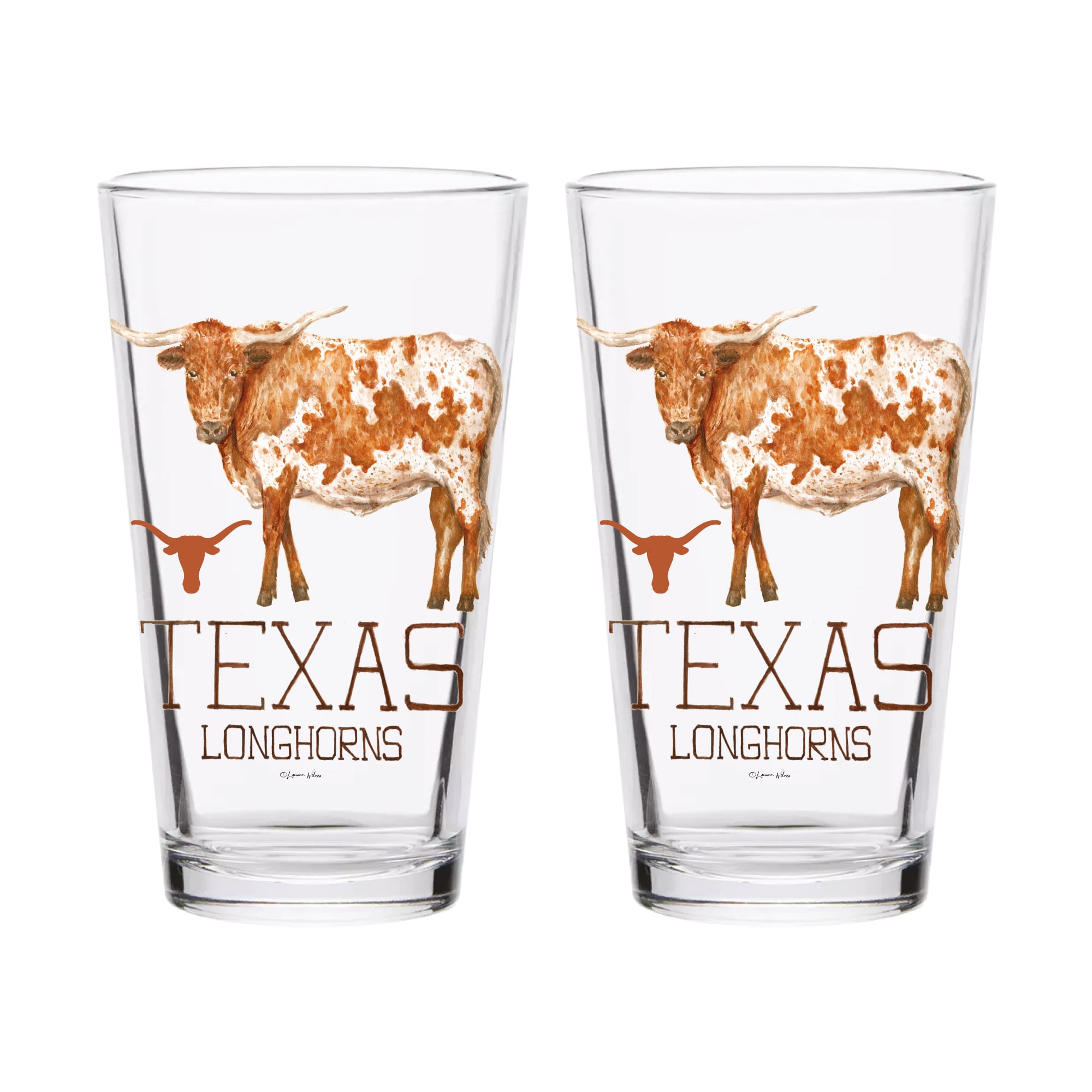 Ensemble de 2 verres à bière à l'effigie de Laura Wilcox, mascotte des Longhorns du Texas, à Indigo Falls