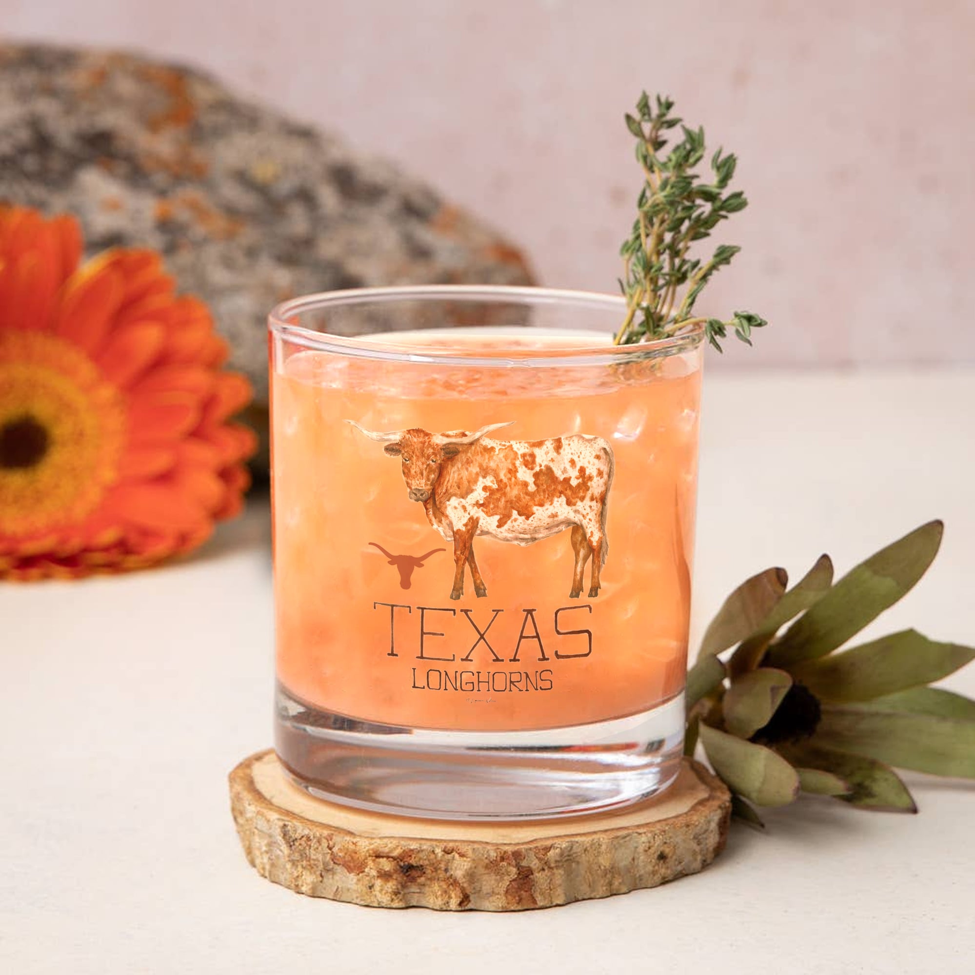 Ensemble de 2 verres à whisky à l'effigie de Laura Wilcox, mascotte des Longhorns du Texas, à Indigo Falls