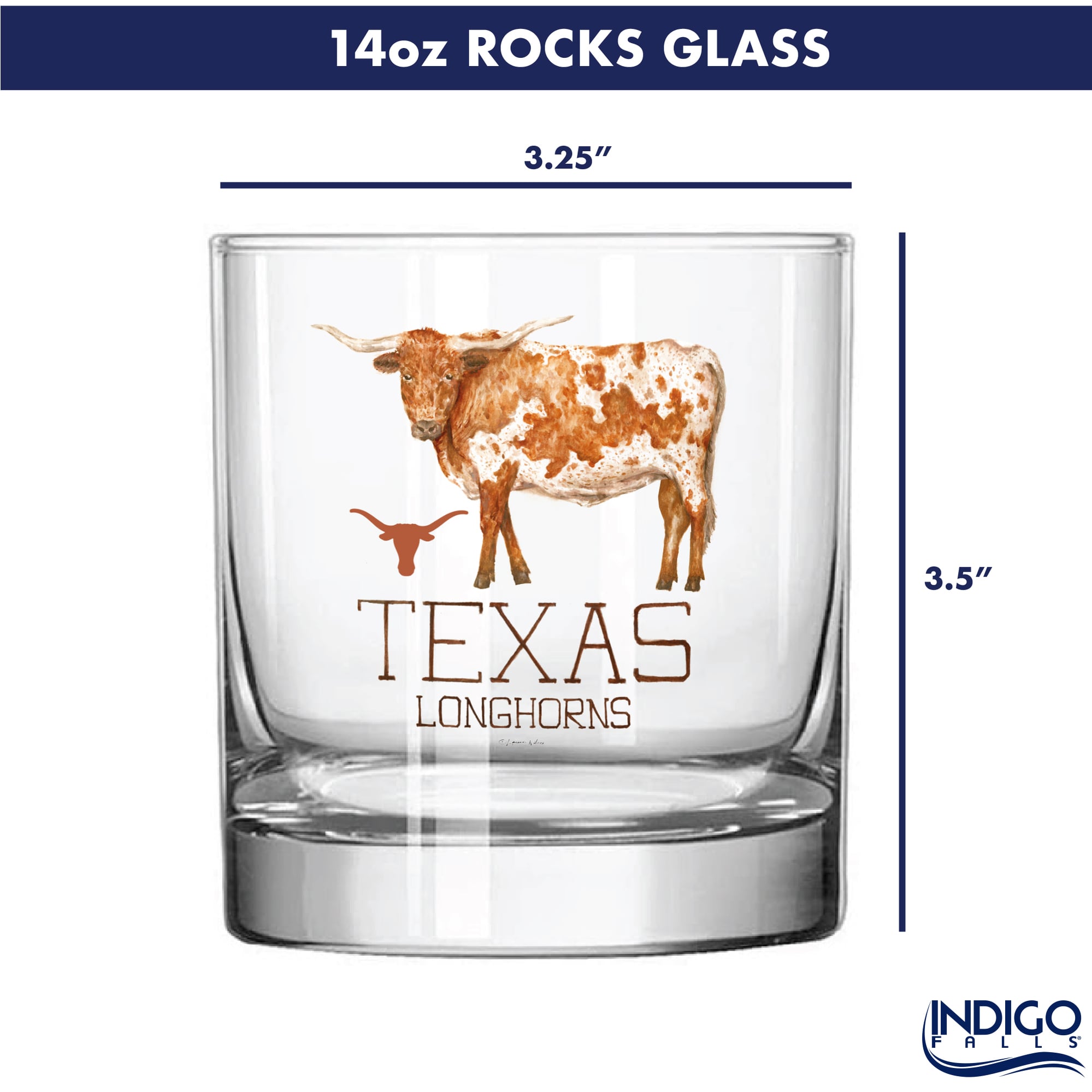 Ensemble de 2 verres à whisky à l'effigie de Laura Wilcox, mascotte des Longhorns du Texas, à Indigo Falls
