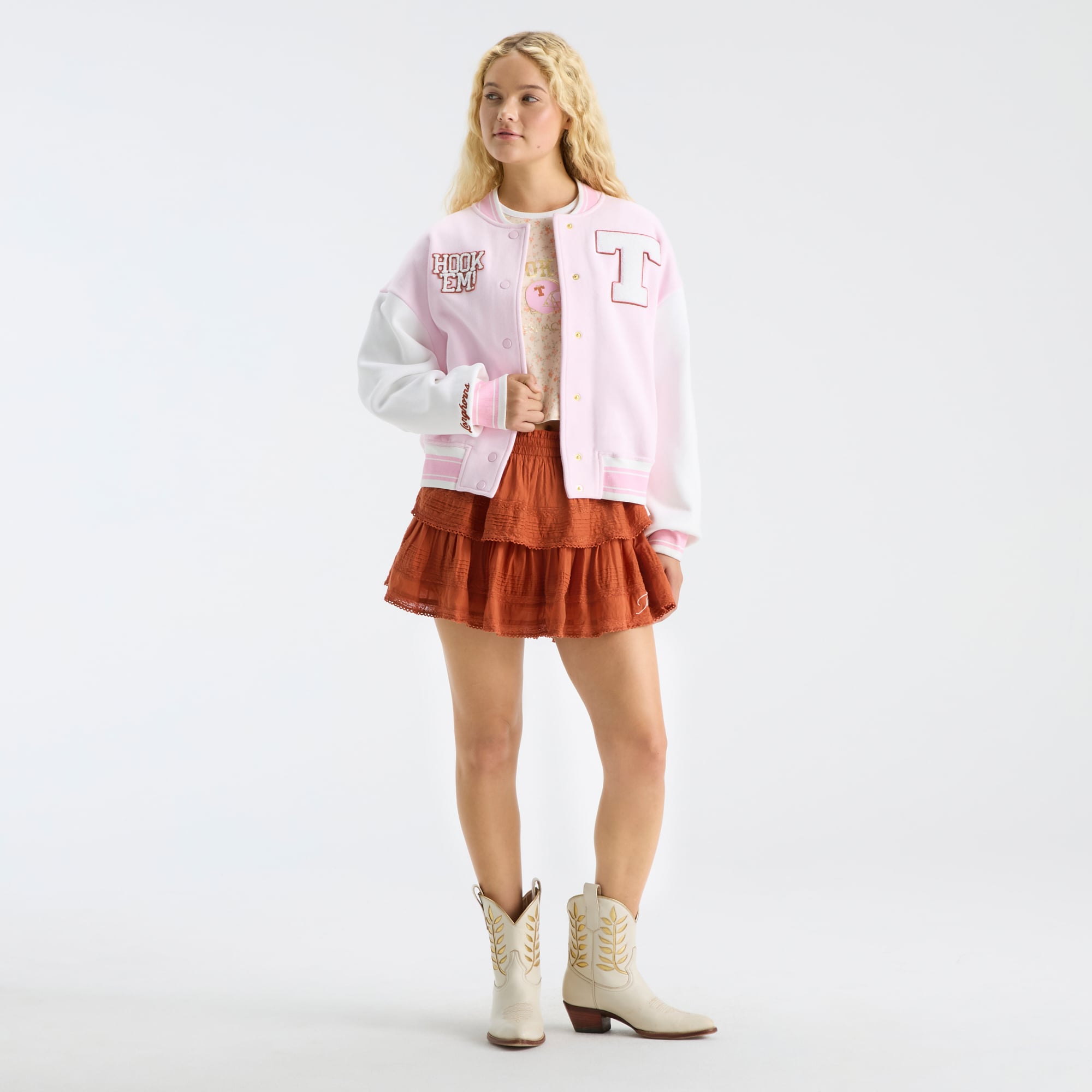 LoveShackFancy Women's Pink Texas Longhorns Collegiate Varsity Full-Snap Jacket