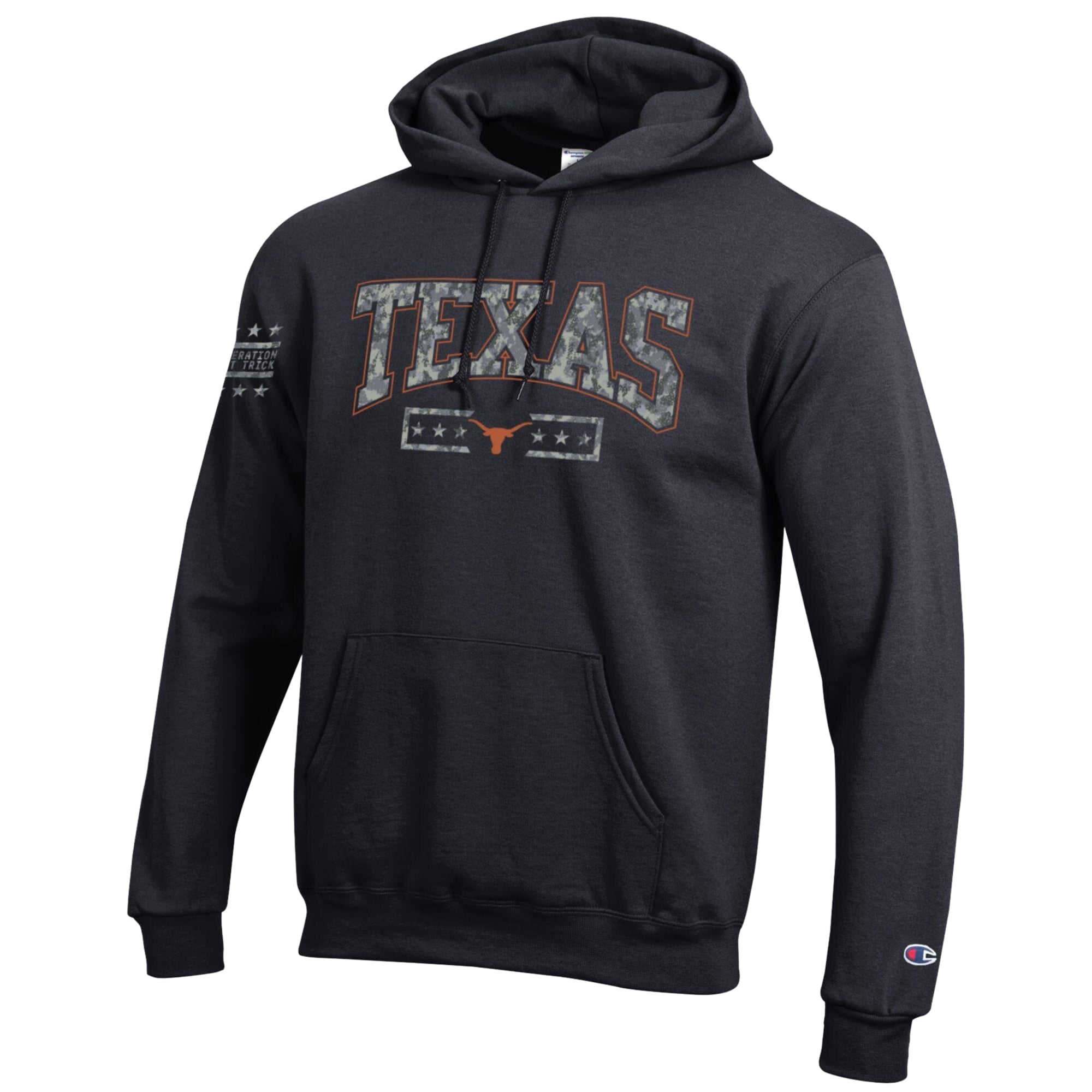 Men's Champion Black Texas Longhorns Operation Hat Trick Camo Script Powerblend Fleece Hoodie
