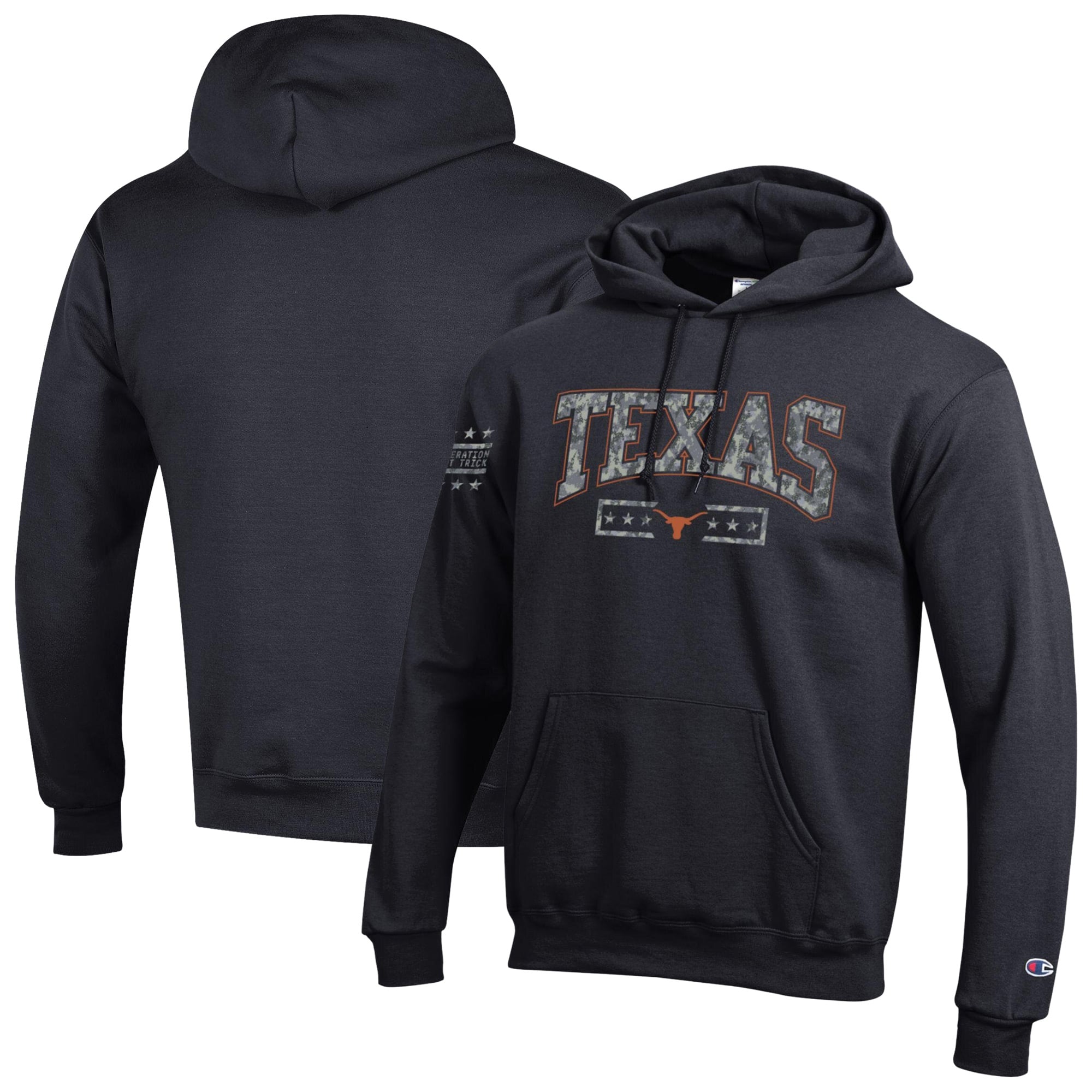 Men's Champion Black Texas Longhorns Operation Hat Trick Camo Script Powerblend Fleece Hoodie