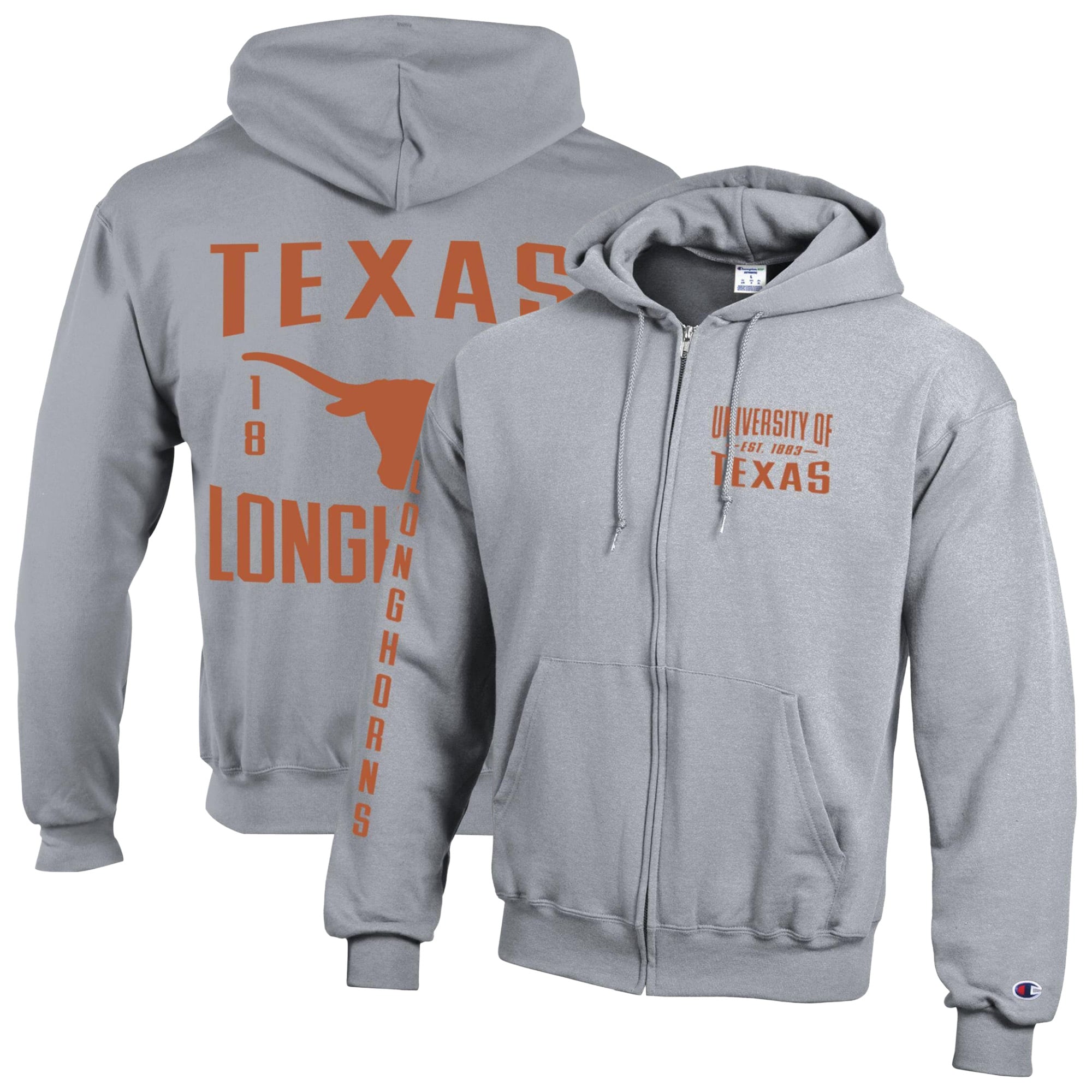 Men's Champion Heather Gray Texas Longhorns Varsity Powerblend Full-Zip Fleece Hoodie