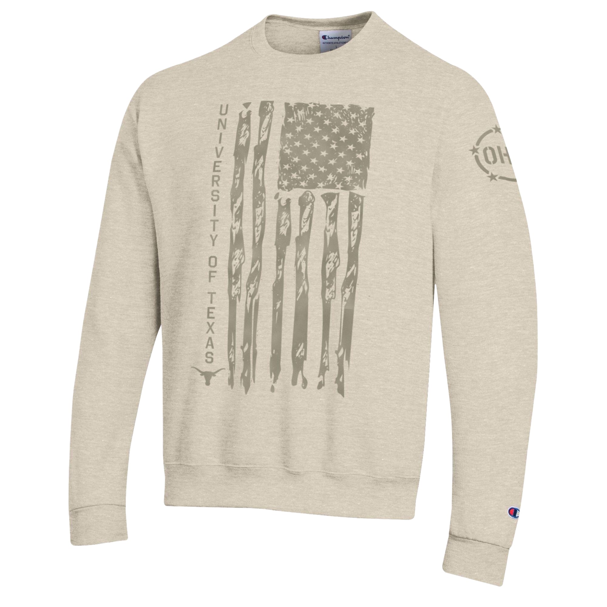 Men's Champion Oatmeal Texas Longhorns Operation Hat Trick Flag Fleece Crewneck Sweatshirt