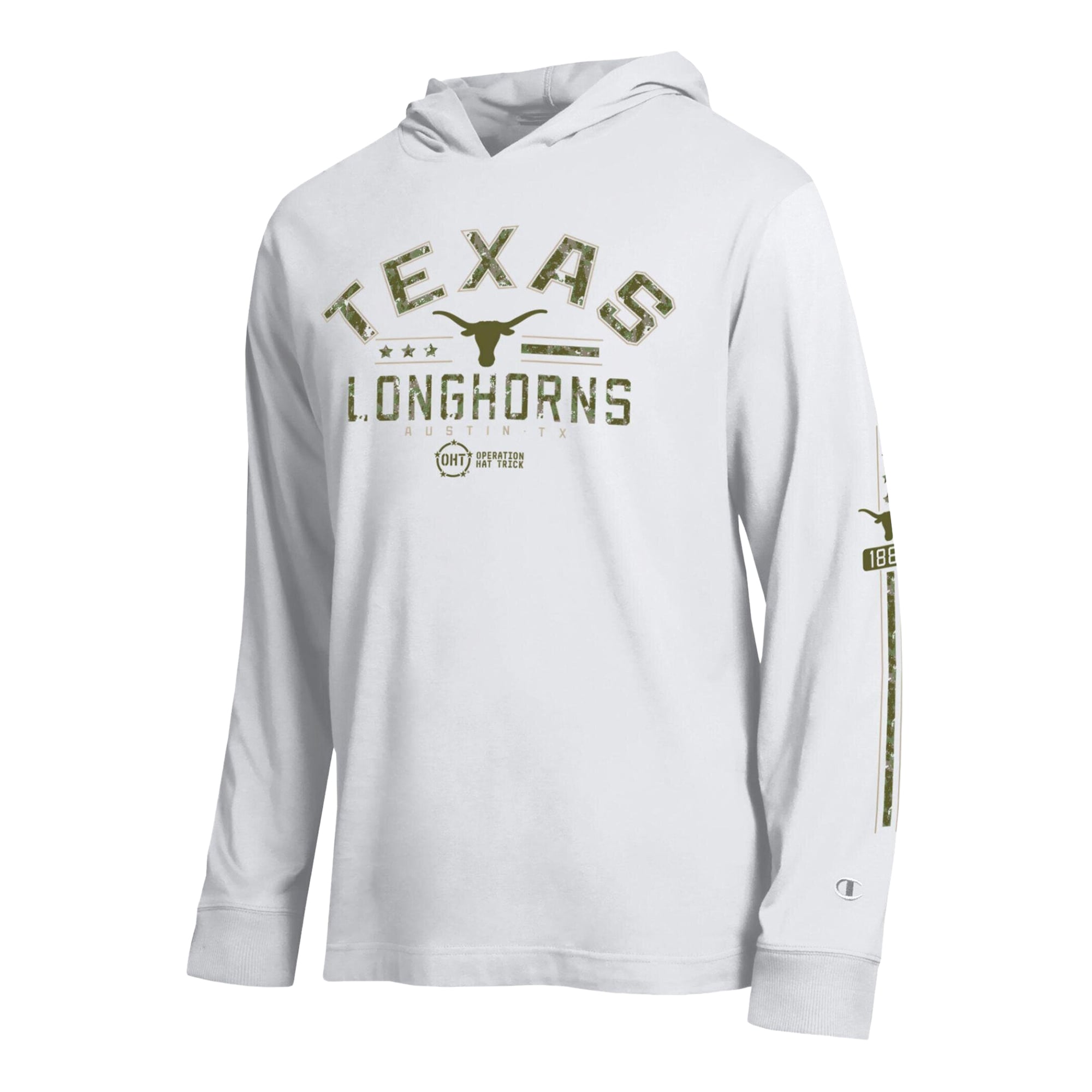 T-shirt à manches longues capuche Champion White Texas Longhorns Operation Hat Trick pour homme