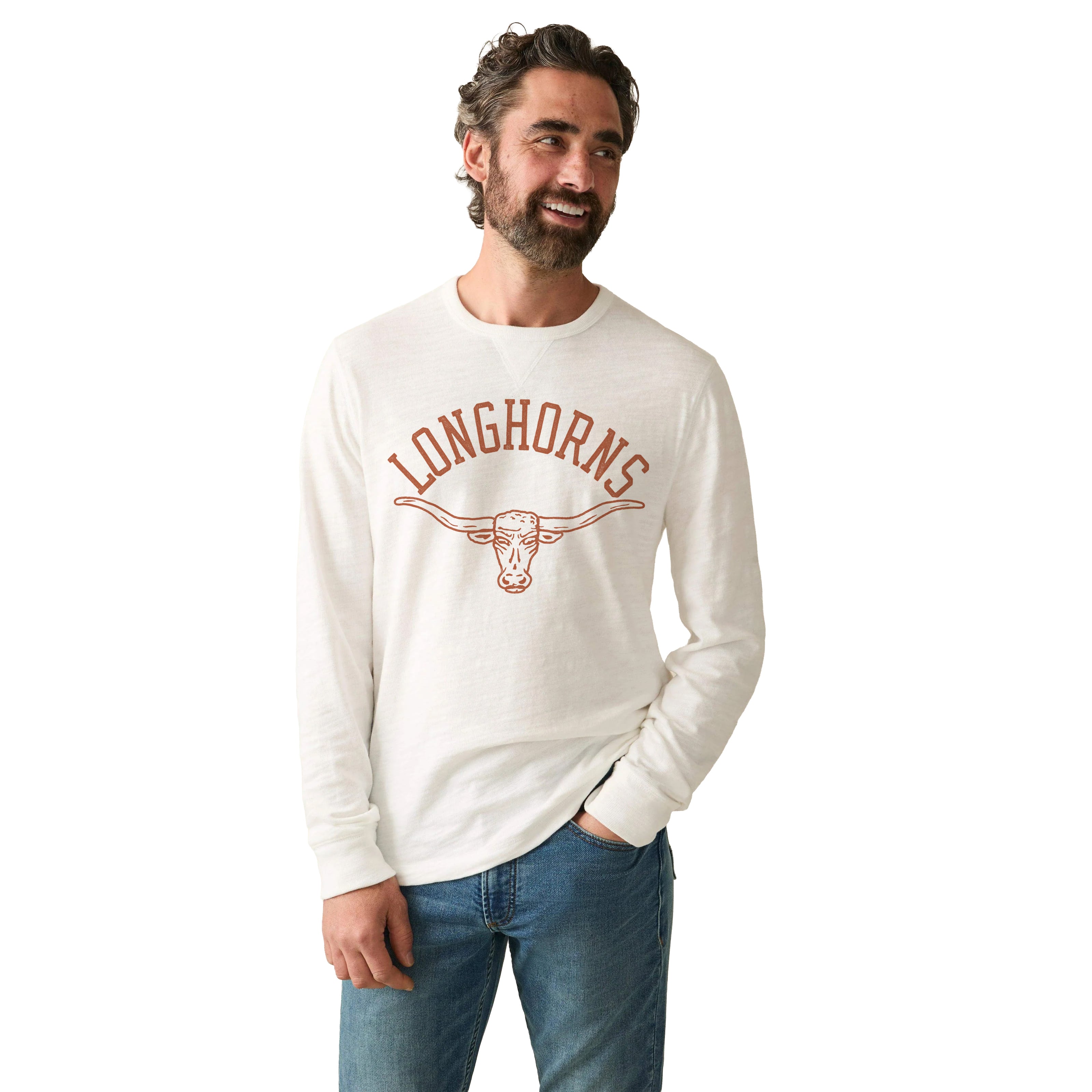 Sweat-shirt FAHERTY blanc pour homme, motif Texas Longhorns, effet délavé.