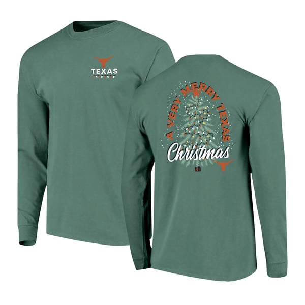 Men’s Green Texas Longhorns Comfort Colors Merry Christmas Tree Long Sleeve T-Shirt