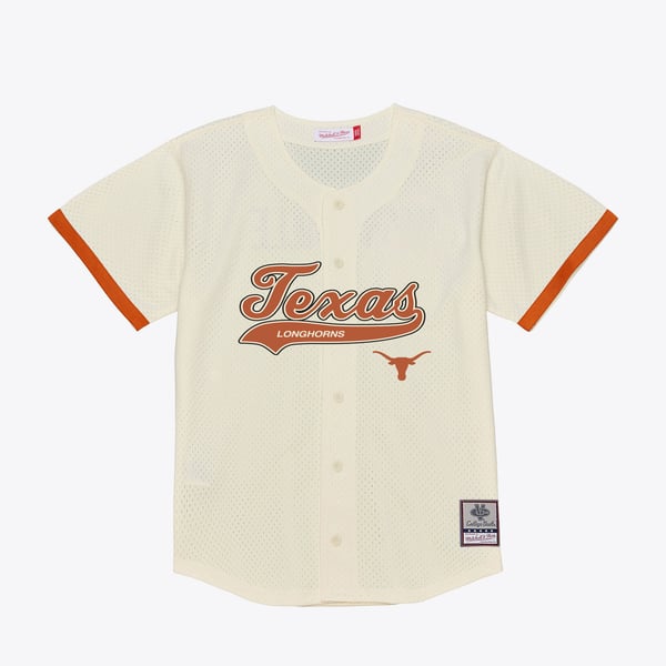 Men’s Mitchell & Ness Cream Texas Longhorns Mesh Button-Up Batting Practice Baseball Jersey