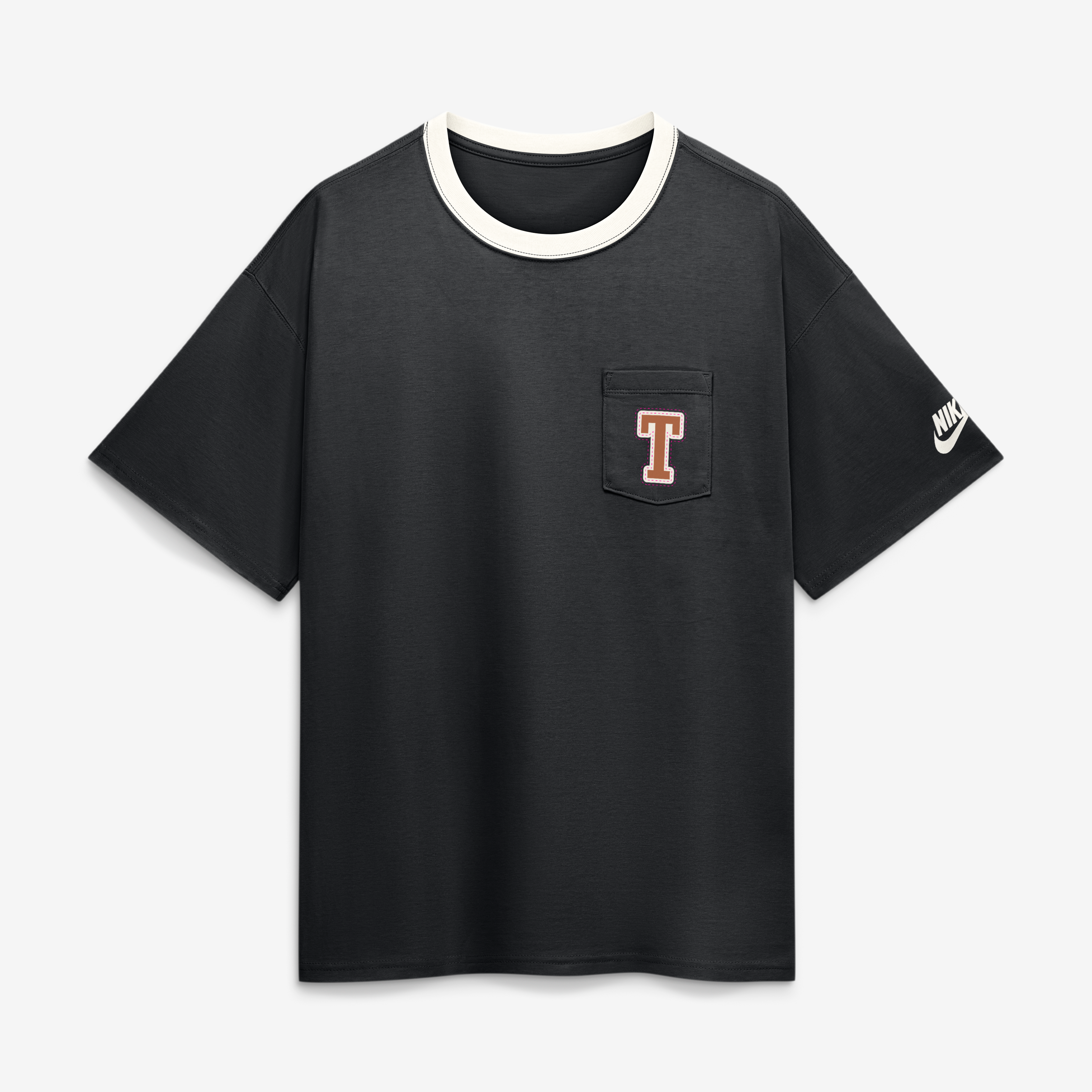 T-shirt Nike Legacy Max90 Pocket noir pour homme, avec bordures contrastées et logo Texas Longhorns.