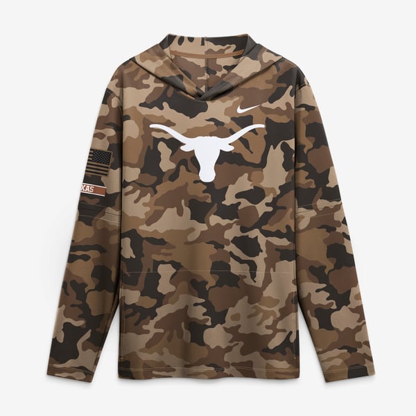 Men’s Nike Camo Texas Longhorns 2026 Military Appreciation Sideline Dri-FIT Hooded Long Sleeve T-Shirt