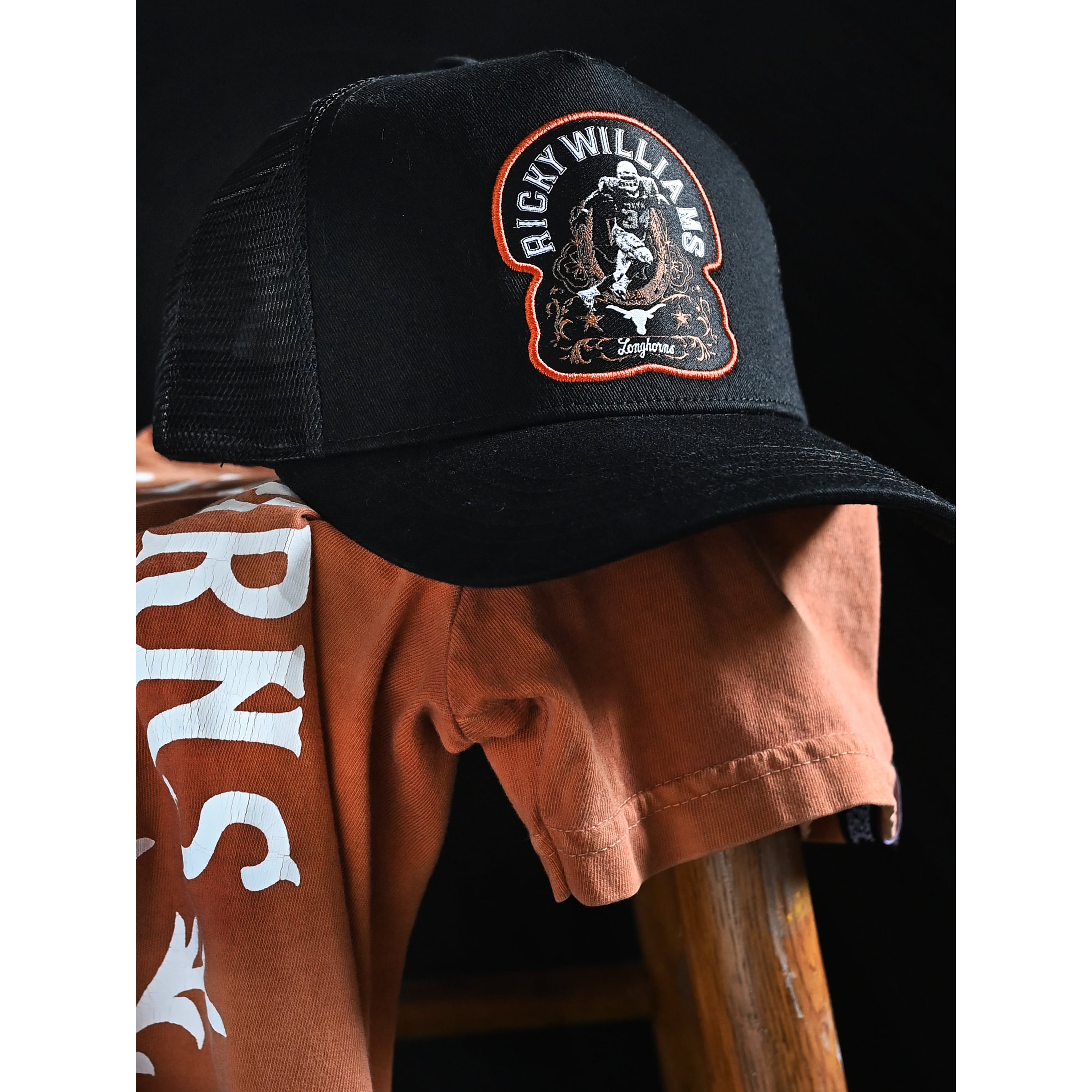 Men's Roots of Fight x Texas Longhorns x Ricky Williams Black #34 Trucker Adjustable Hat