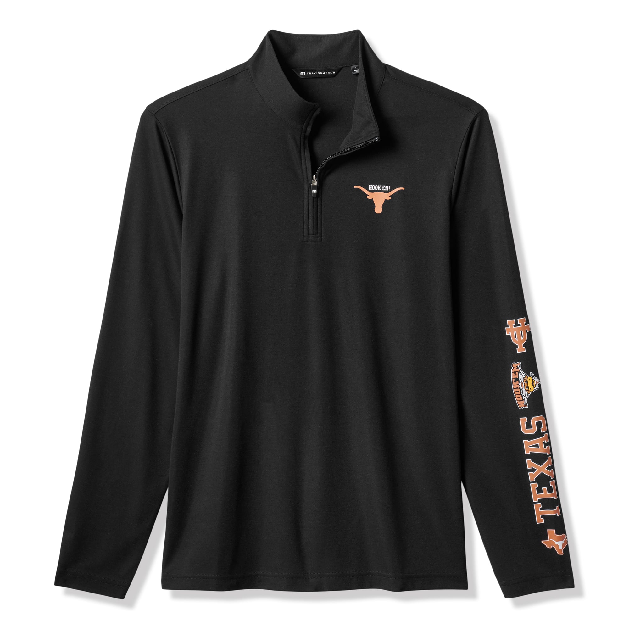 Pull à col zippé TravisMathew noir Texas Longhorns Storied Tradition pour homme