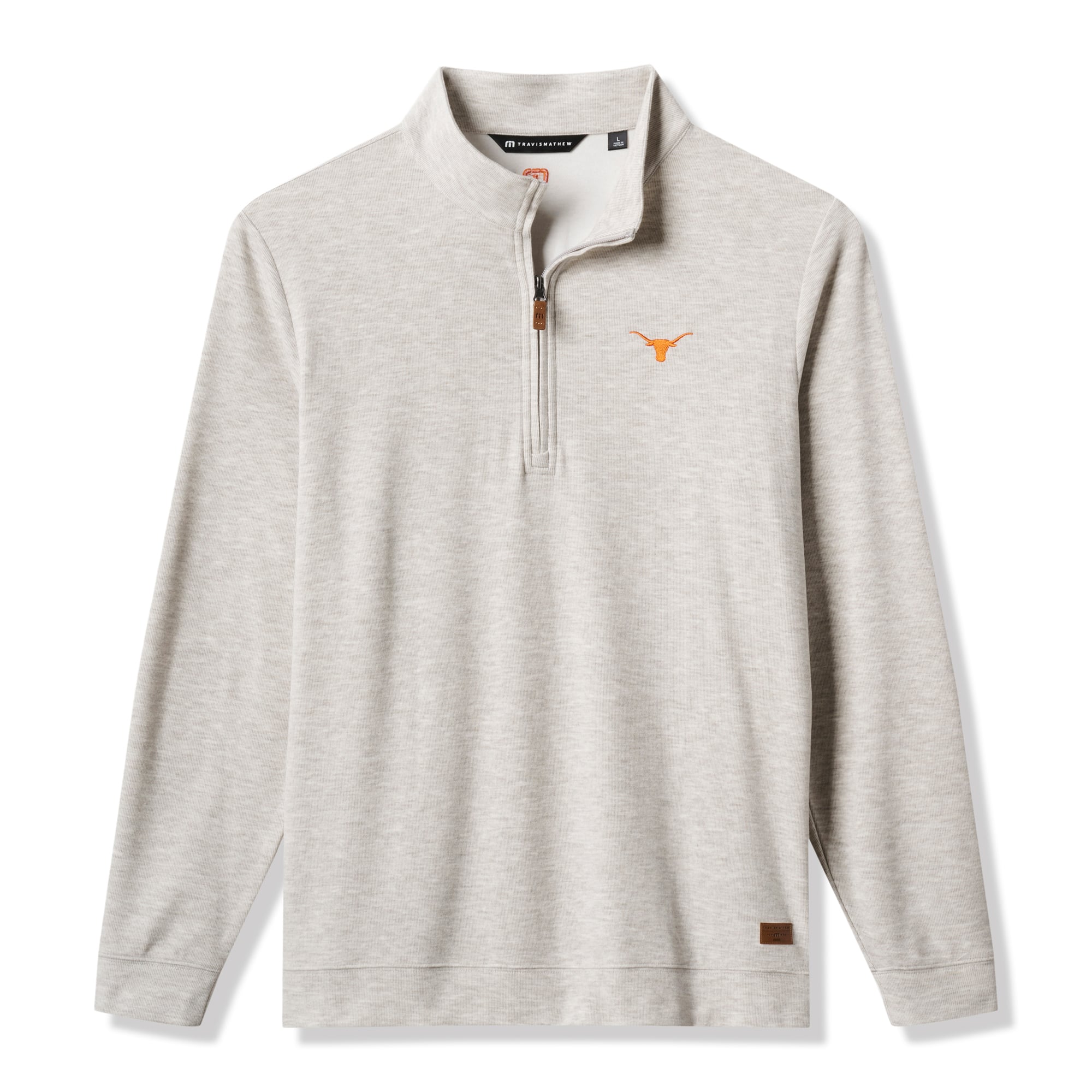 Pull-over TravisMathew pour homme, gris chiné, Texas Longhorns Cloud Home Game, col zippé, en mélange de trois matières.