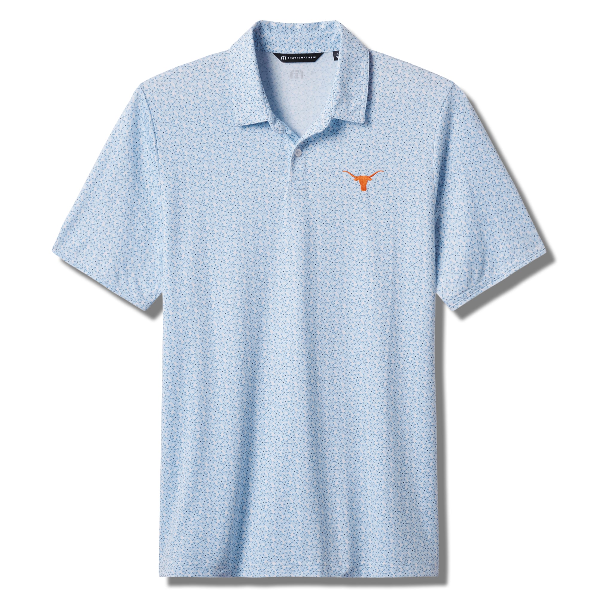 Polo homme TravisMathew blanc/bleu Texas Longhorns College Bound en mélange de trois matières