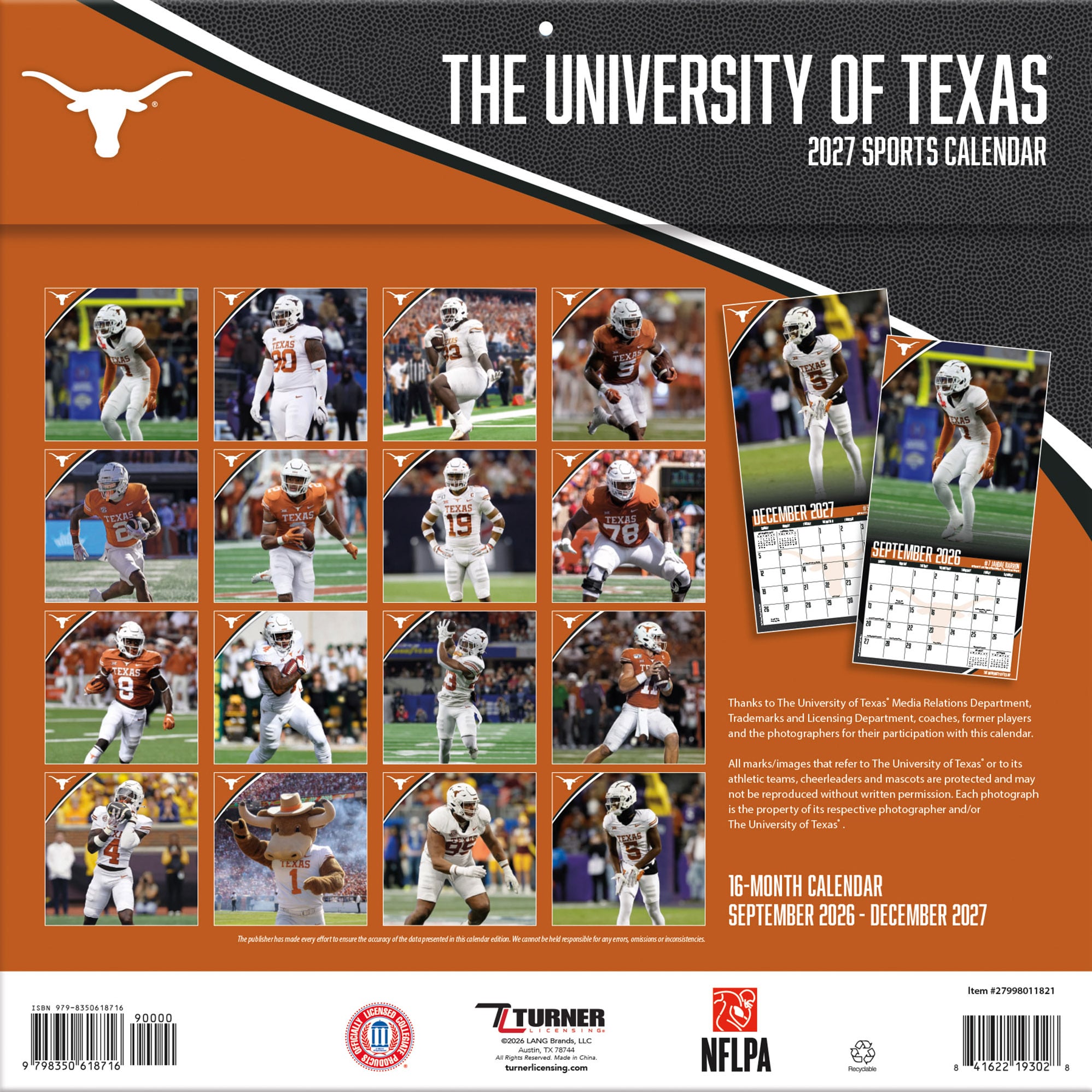 Texas Longhorns 2027 12” x 12” Team Wall Calendar