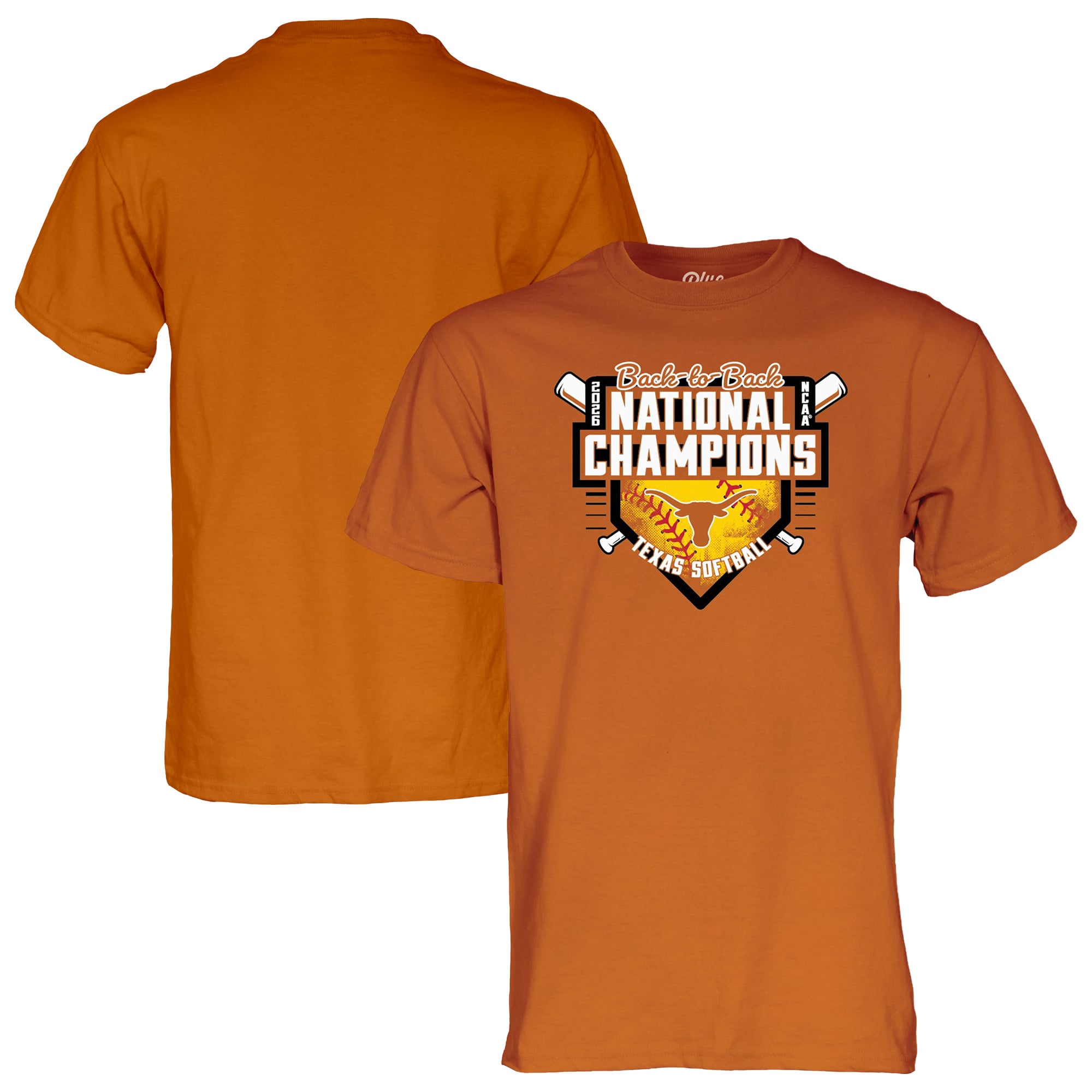 T-shirt unisexe bleu 84 Texas Orange Longhorns 2026 NCAA Softball Women's College World Series Double champion national consécutif