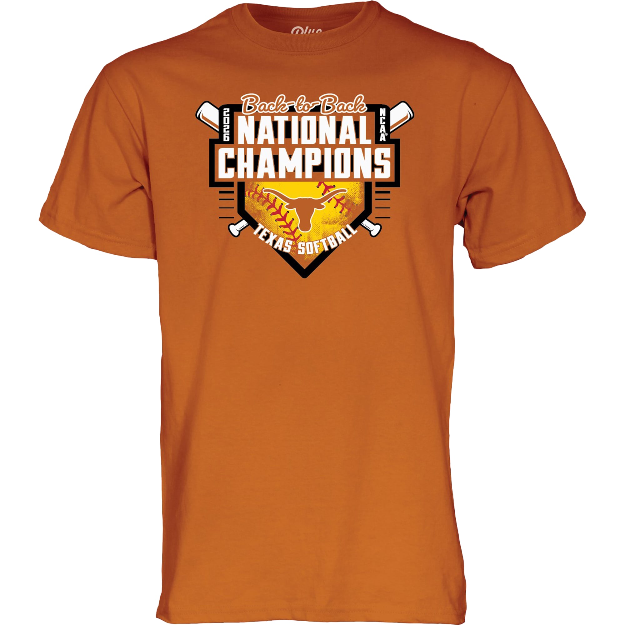 T-shirt unisexe bleu 84 Texas Orange Longhorns 2026 NCAA Softball Women's College World Series Double champion national consécutif